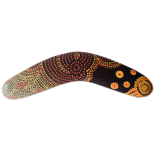 10" / 25cm BOOMERANG + STAND - HARDWOOD - ABORIGINAL ART - ALISON MUNTI RILEY, ORANGE - AUSTRALIA, INDIGENOUS, SOUVENIR, GIFT