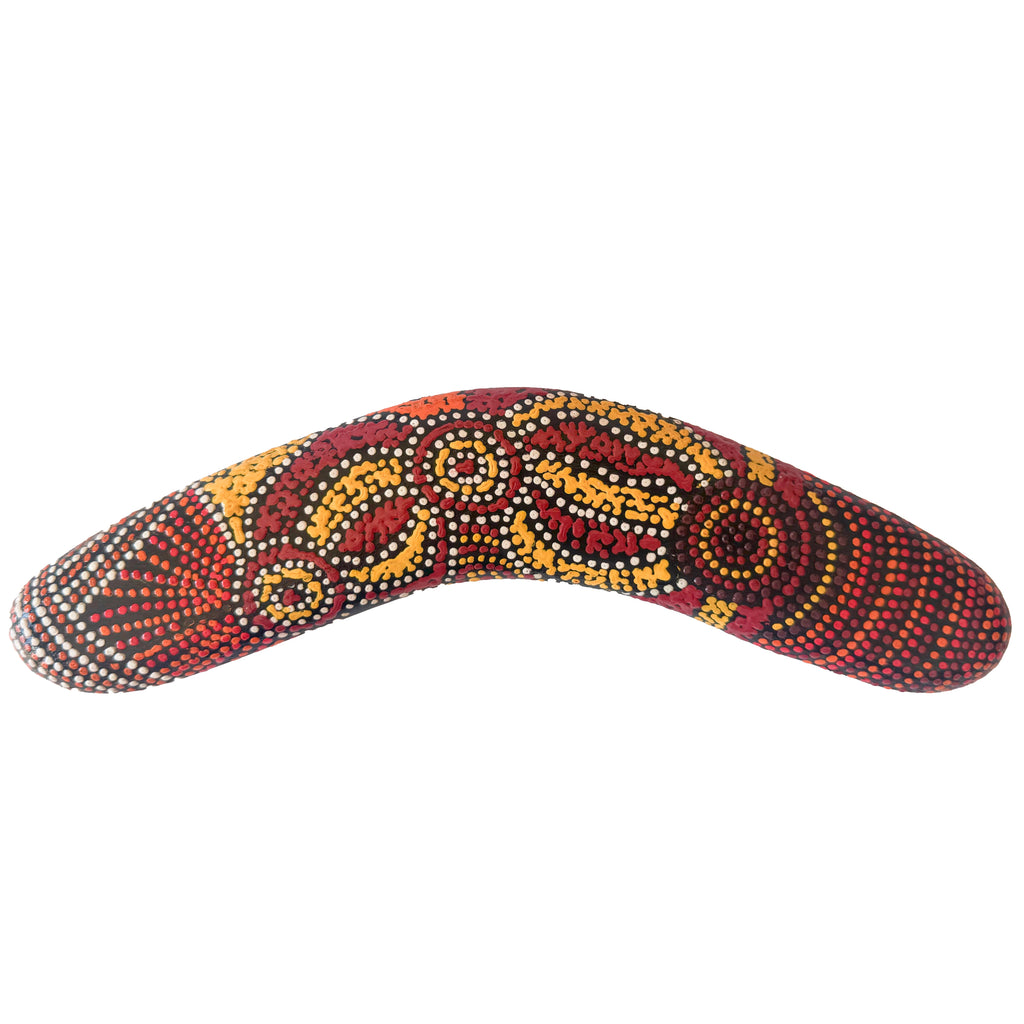 10" / 25cm BOOMERANG + STAND - HARDWOOD - ABORIGINAL ART - ALISON MUNTI RILEY, YELLOW RED - AUSTRALIA, INDIGENOUS, SOUVENIR, GIFT