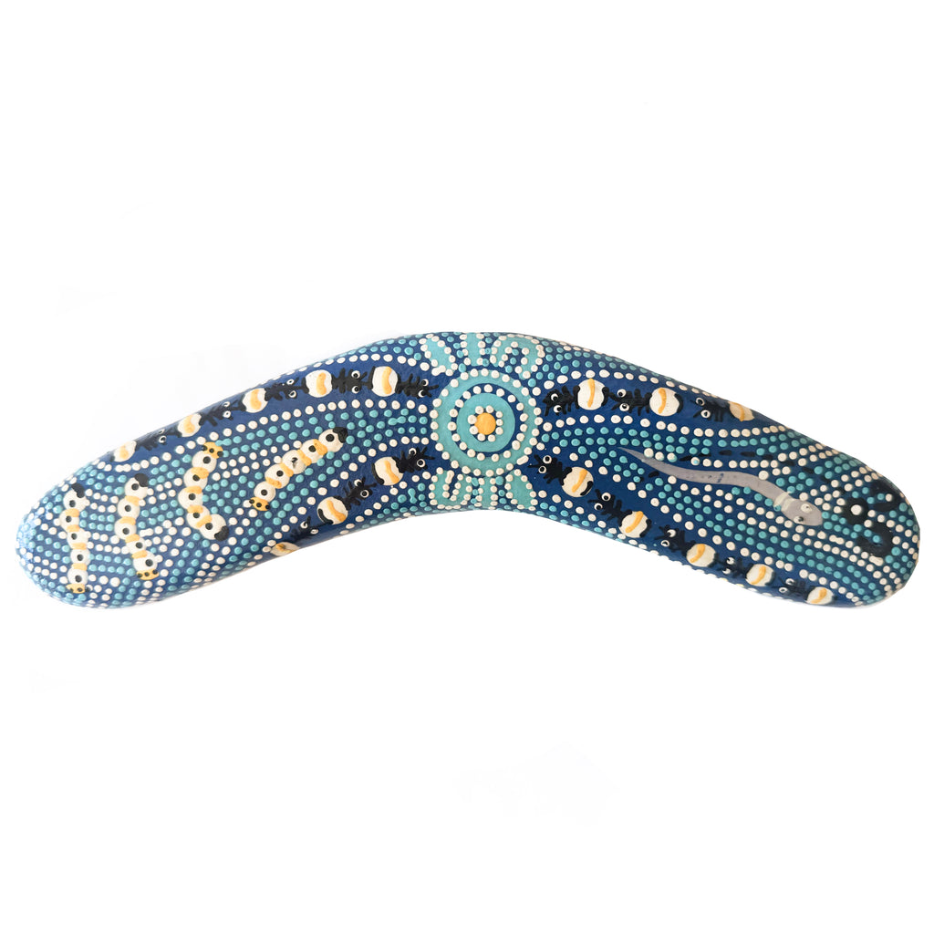 10" / 25cm BOOMERANG + STAND -HARDWOOD - ABORIGINAL ART - BUSH TUCKER BLUE - AUSTRALIA, INDIGENOUS, SOUVENIR, GIFT