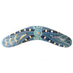 10" / 25cm BOOMERANG + STAND -HARDWOOD - ABORIGINAL ART - BUSH TUCKER BLUE - AUSTRALIA, INDIGENOUS, SOUVENIR, GIFT