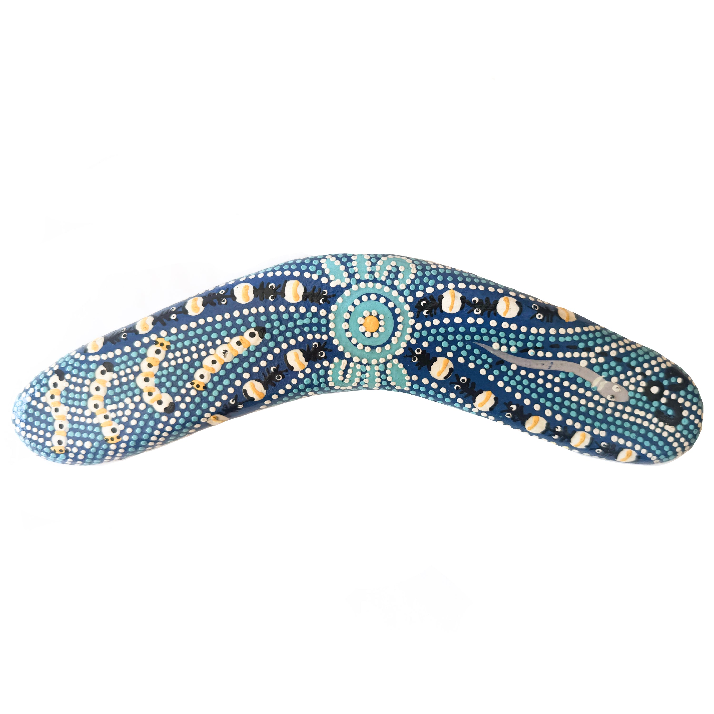 10" / 25cm BOOMERANG + STAND -HARDWOOD - ABORIGINAL ART - BUSH TUCKER BLUE - AUSTRALIA, INDIGENOUS, SOUVENIR, GIFT