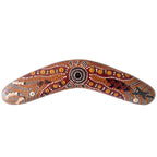 10" / 25cm BOOMERANG + STAND - HARDWOOD - ABORIGINAL ART - BUSH TUCKER TAN - AUSTRALIA, INDIGENOUS, SOUVENIR, GIFT