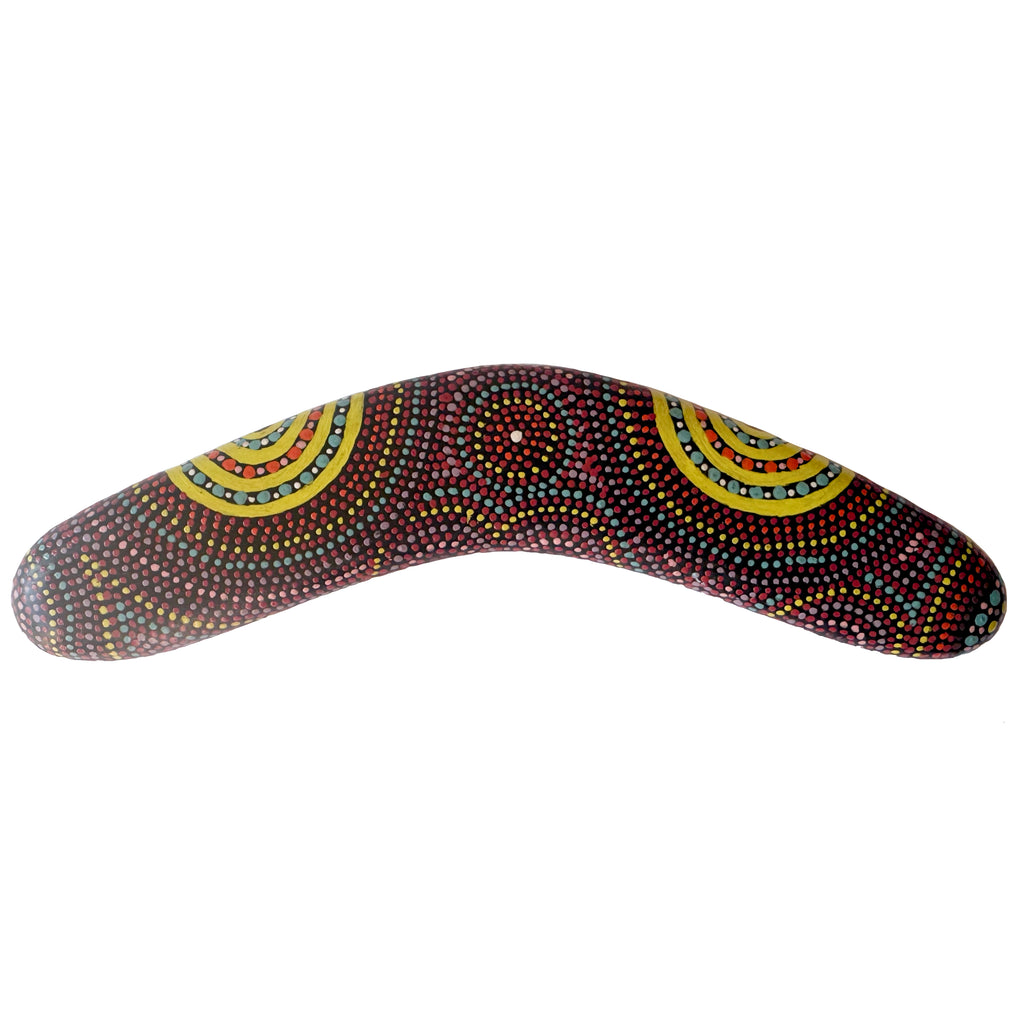 10" / 25cm BOOMERANG + STAND - HARDWOOD - ABORIGINAL ART - CINDY WALLACE, CIRCLES - AUSTRALIA, INDIGENOUS, SOUVENIR, GIFT