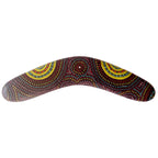 10" / 25cm BOOMERANG + STAND - HARDWOOD - ABORIGINAL ART - CINDY WALLACE, CIRCLES - AUSTRALIA, INDIGENOUS, SOUVENIR, GIFT