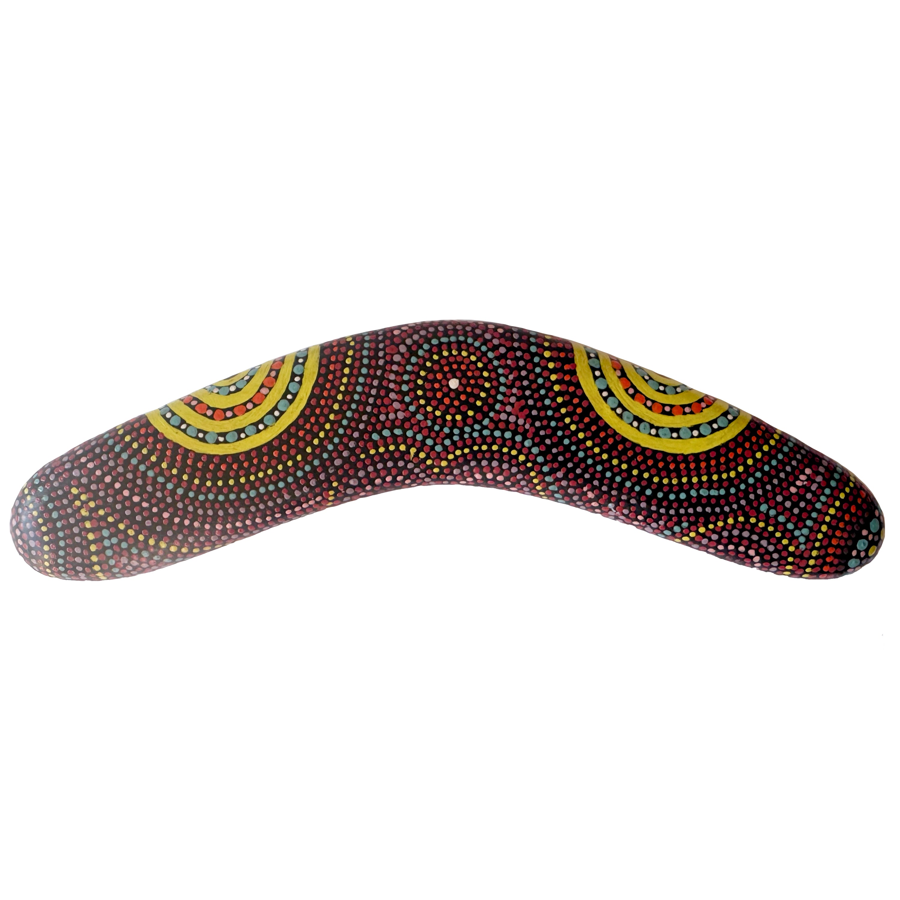 10" / 25cm BOOMERANG + STAND - HARDWOOD - ABORIGINAL ART - CINDY WALLACE, CIRCLES - AUSTRALIA, INDIGENOUS, SOUVENIR, GIFT