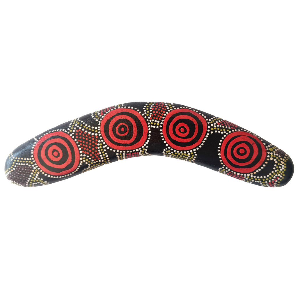 10" / 25cm BOOMERANG + STAND - HARDWOOD - ABORIGINAL ART - DESERT CAMPS - AUSTRALIA, INDIGENOUS, SOUVENIR, GIFT
