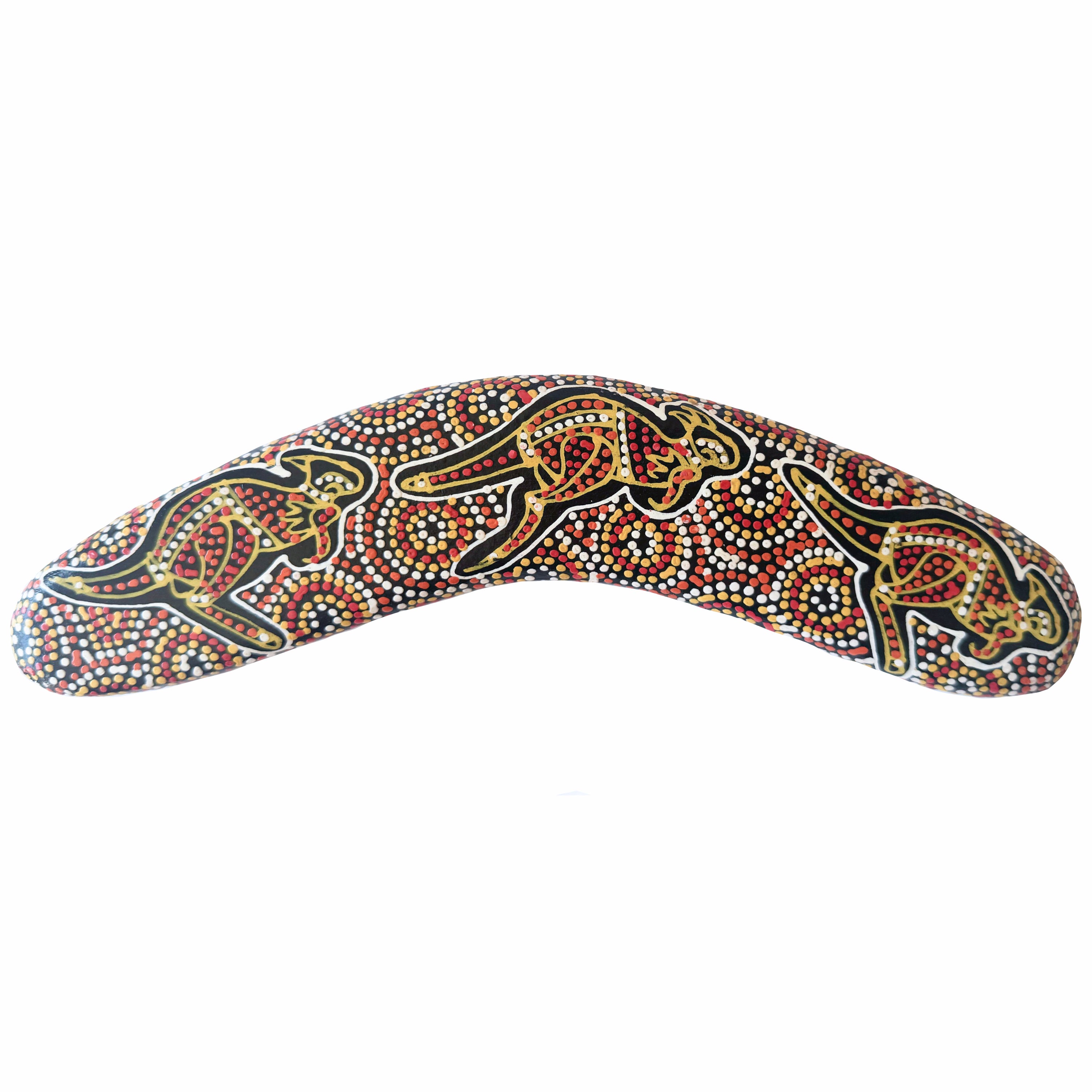 10" / 25cm BOOMERANG + STAND - HARDWOOD - ABORIGINAL ART - DESERT KANGAROO - AUSTRALIA, INDIGENOUS, SOUVENIR, GIFT