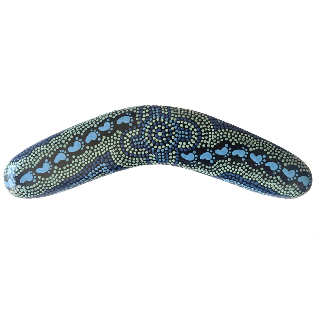 10" / 25cm BOOMERANG + STAND -HARDWOOD - ABORIGINAL ART - ON WALKABOUT BLUE - AUSTRALIA, INDIGENOUS, SOUVENIR, GIFT