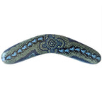 10" / 25cm BOOMERANG + STAND -HARDWOOD - ABORIGINAL ART - ON WALKABOUT BLUE - AUSTRALIA, INDIGENOUS, SOUVENIR, GIFT
