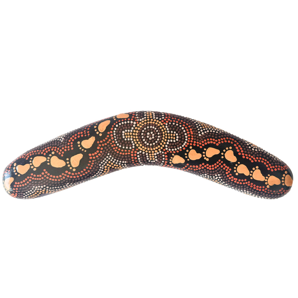 10" / 25cm BOOMERANG + STAND -HARDWOOD - ABORIGINAL ART - ON WALKABOUT OCHRE - AUSTRALIA, INDIGENOUS, SOUVENIR, GIFT