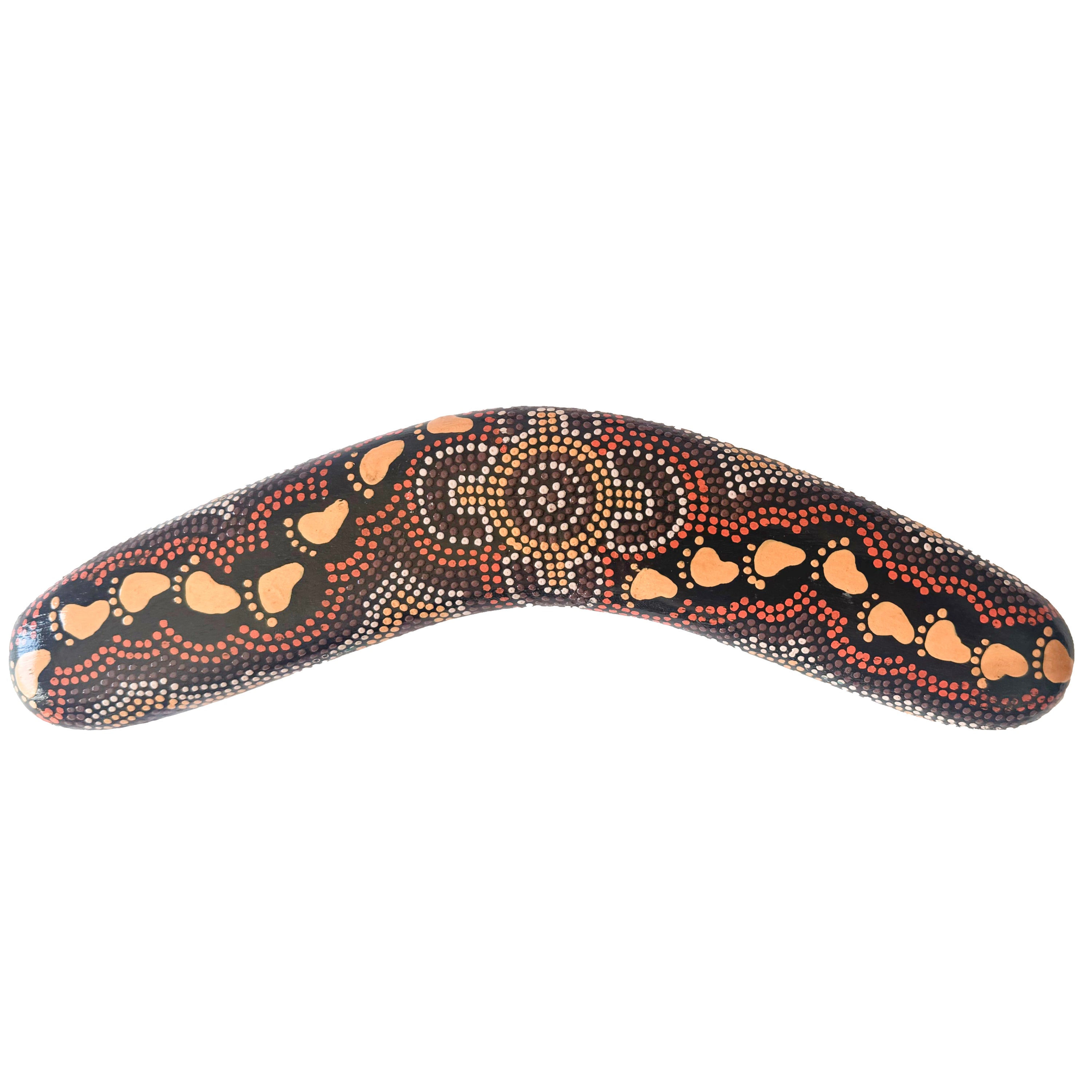 10" / 25cm BOOMERANG + STAND -HARDWOOD - ABORIGINAL ART - ON WALKABOUT OCHRE - AUSTRALIA, INDIGENOUS, SOUVENIR, GIFT