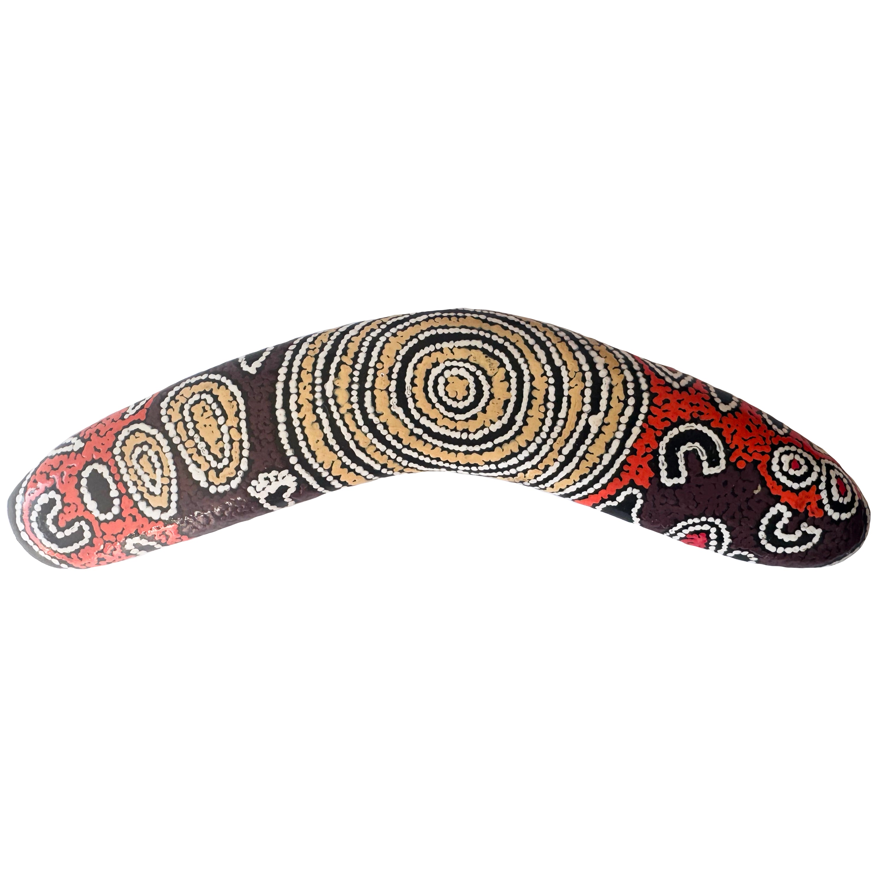 10" / 25cm BOOMERANG + STAND - HARDWOOD - ABORIGINAL ART - SAMANTHA NAPANGARTI - AUSTRALIA, INDIGENOUS, SOUVENIR, GIFT