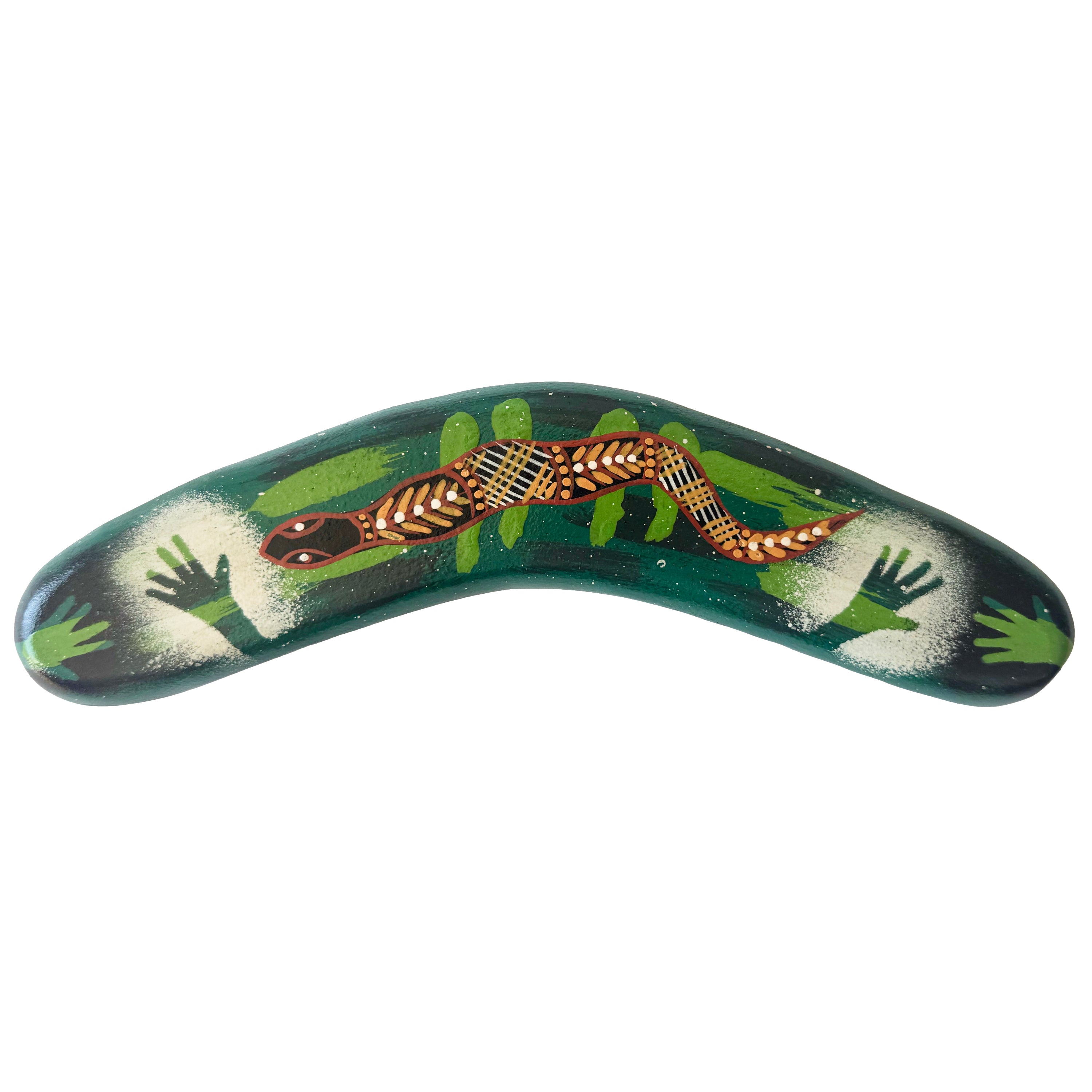 10" / 25cm BOOMERANG + STAND - HARDWOOD - ABORIGINAL ART - SNAKE, GREEN - AUSTRALIA, INDIGENOUS, SOUVENIR, GIFT