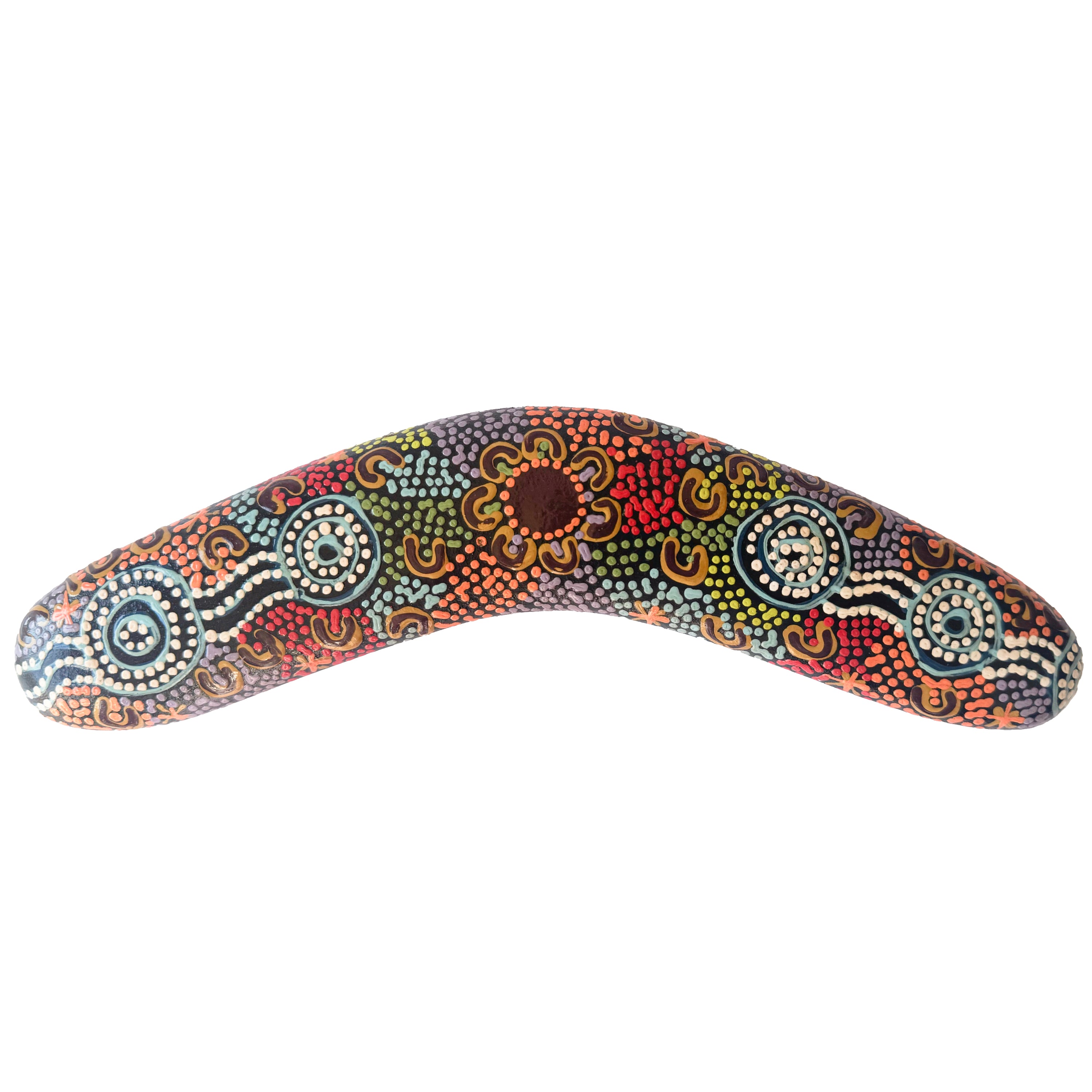 10" / 25cm BOOMERANG + STAND - HARDWOOD - ABORIGINAL ART - WOMEN GATHERING AT WATERHOLES - AUSTRALIA, INDIGENOUS, SOUVENIR, GIFT