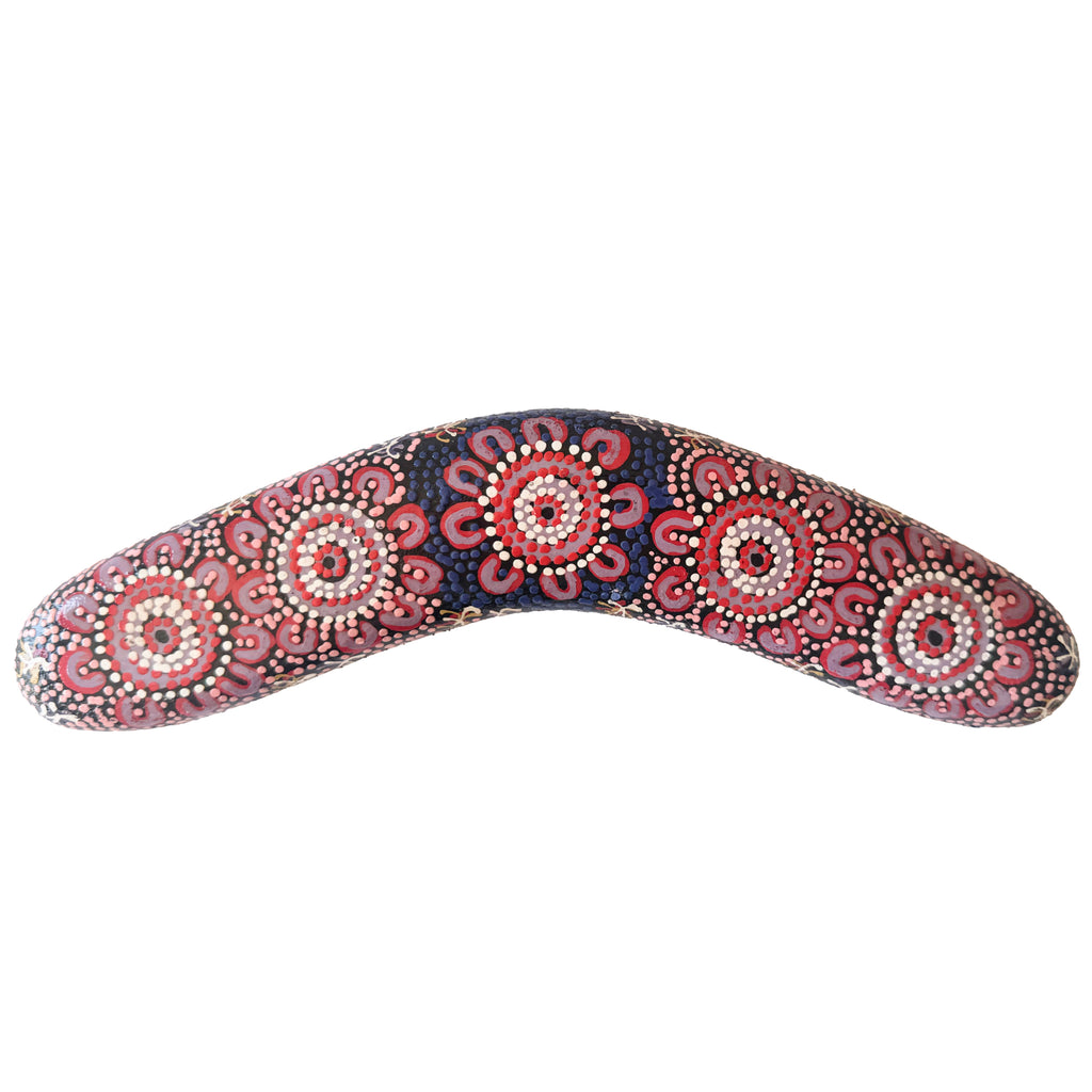 10" / 25cm BOOMERANG + STAND - HARDWOOD - ABORIGINAL ART - WOMEN’S BUSINESS - AUSTRALIA, INDIGENOUS, SOUVENIR, GIFT