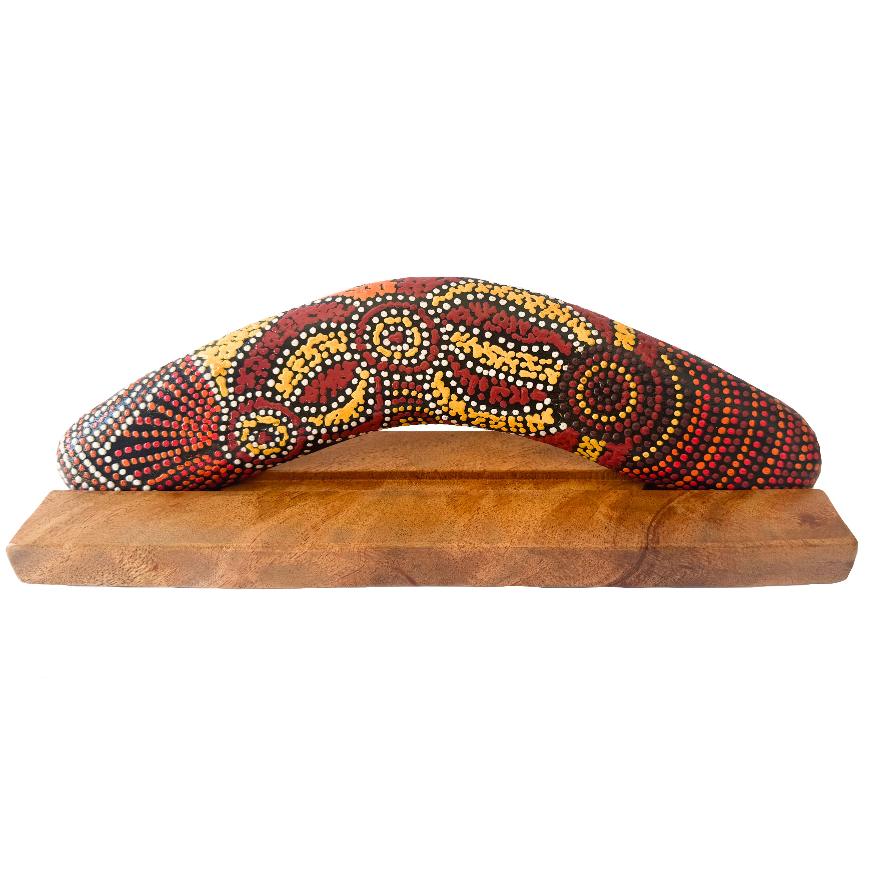 10" / 25cm BOOMERANG + STAND - HARDWOOD - ABORIGINAL ART - ALISON MUNTI RILEY, YELLOW RED - AUSTRALIA, INDIGENOUS, SOUVENIR, GIFT