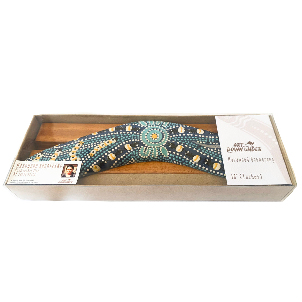 10" / 25cm BOOMERANG + STAND -HARDWOOD - ABORIGINAL ART - BUSH TUCKER BLUE - AUSTRALIA, INDIGENOUS, SOUVENIR, GIFT