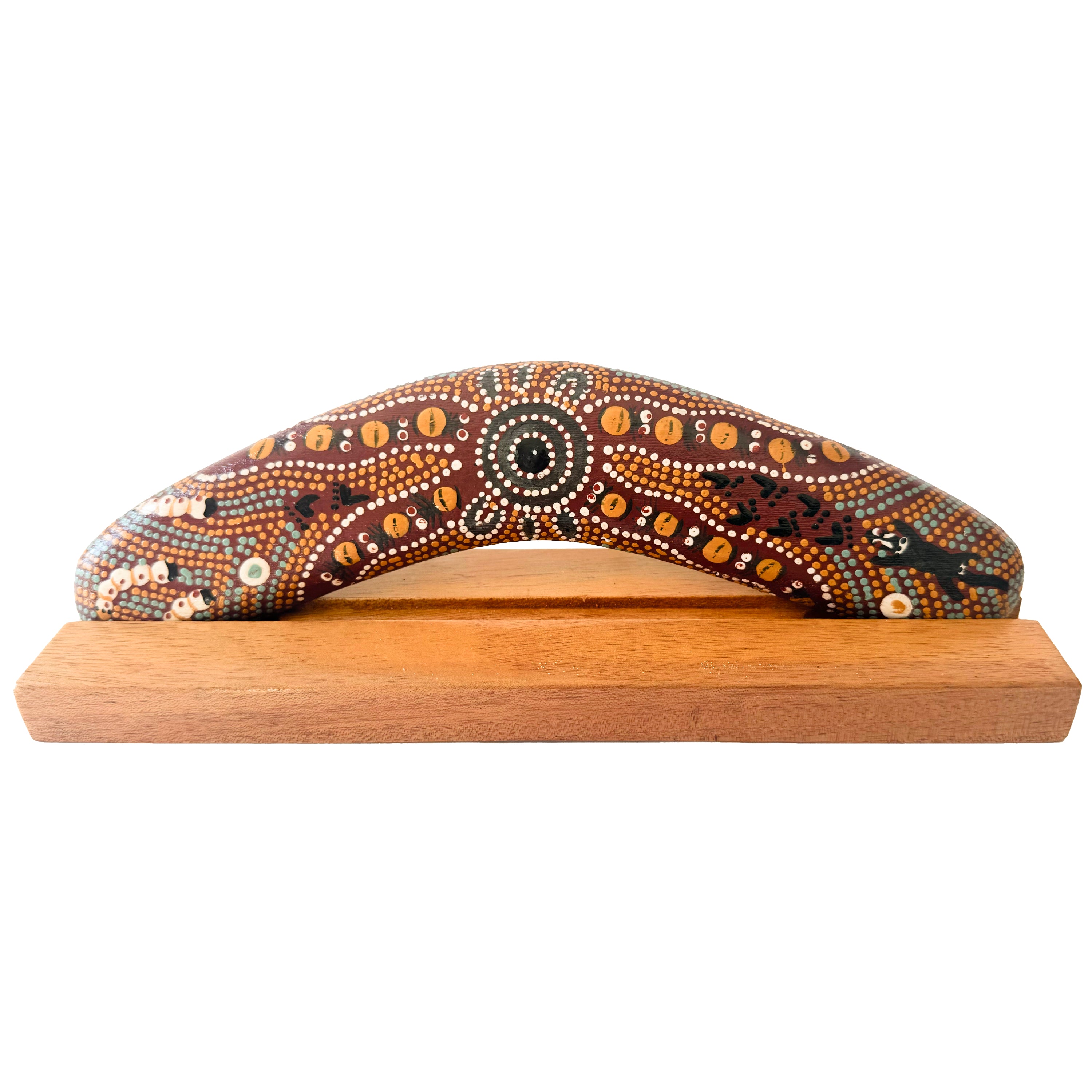 10" / 25cm BOOMERANG + STAND - HARDWOOD - ABORIGINAL ART - BUSH TUCKER TAN - AUSTRALIA, INDIGENOUS, SOUVENIR, GIFT