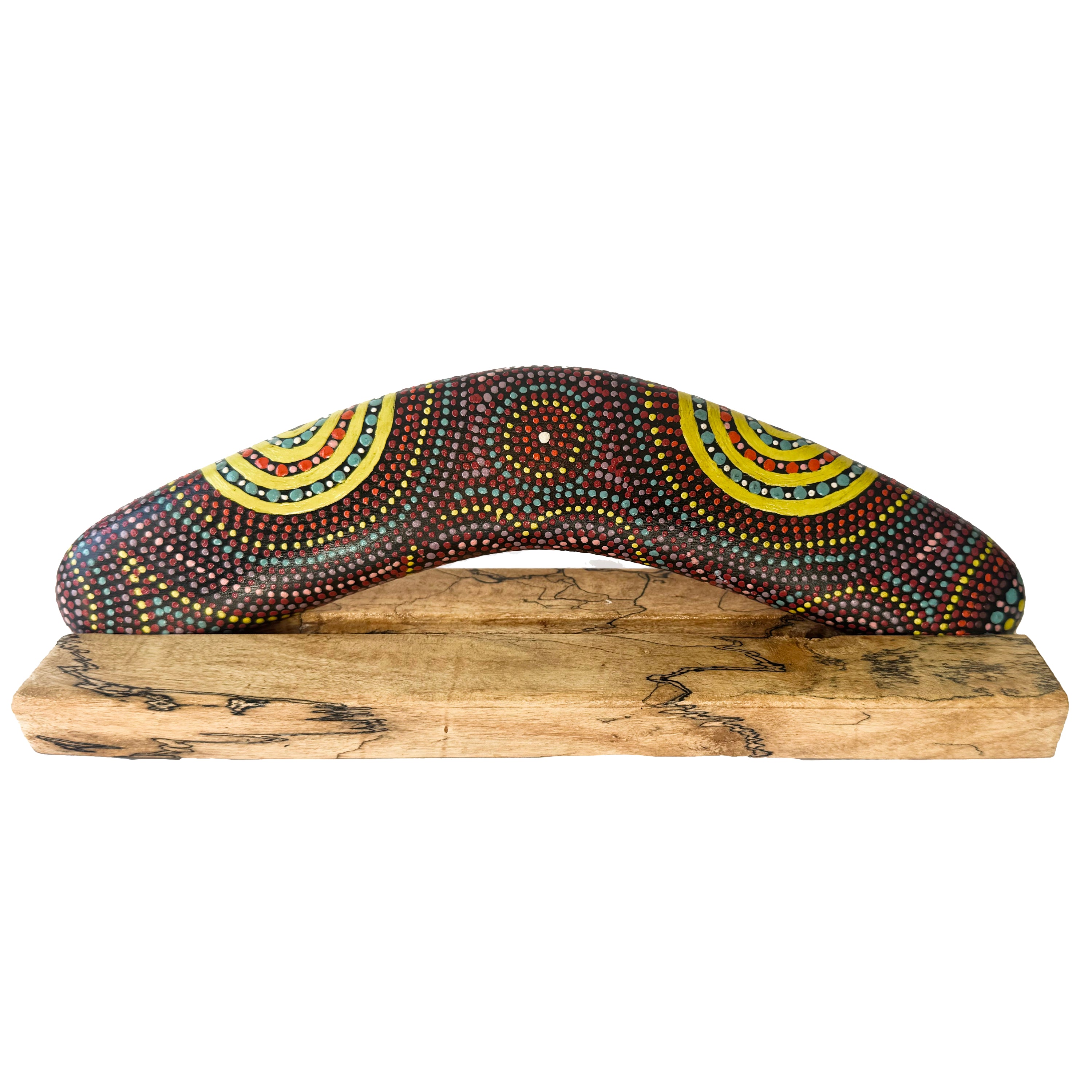 10" / 25cm BOOMERANG + STAND - HARDWOOD - ABORIGINAL ART - CINDY WALLACE, CIRCLES - AUSTRALIA, INDIGENOUS, SOUVENIR, GIFT