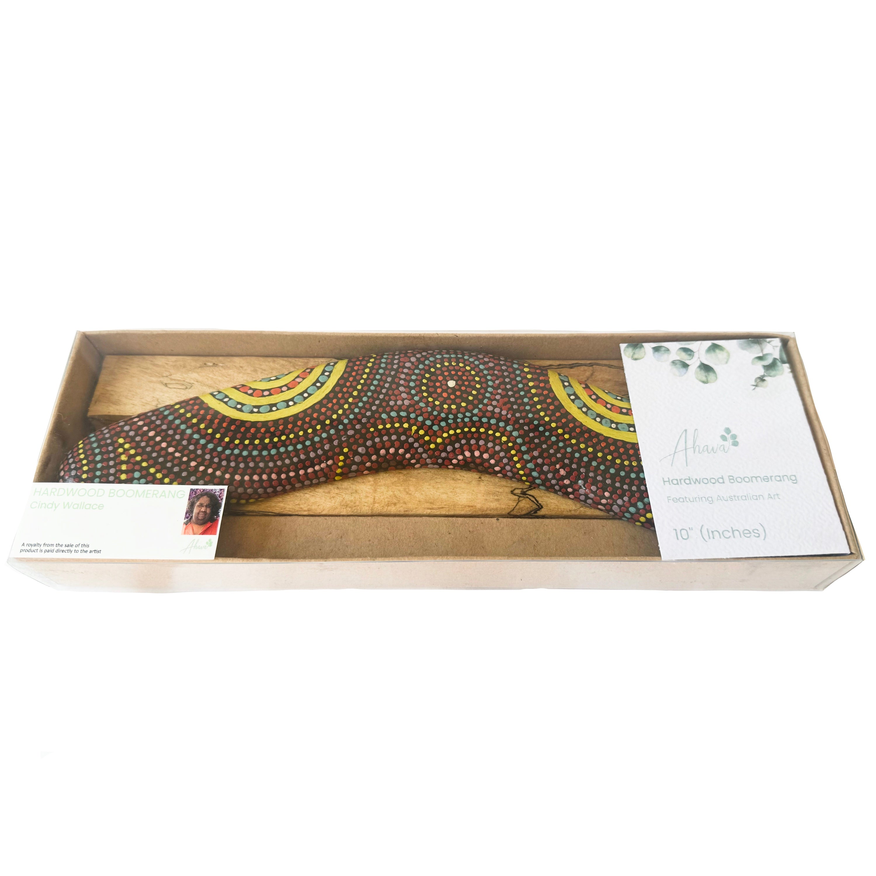 10" / 25cm BOOMERANG + STAND - HARDWOOD - ABORIGINAL ART - CINDY WALLACE, CIRCLES - AUSTRALIA, INDIGENOUS, SOUVENIR, GIFT