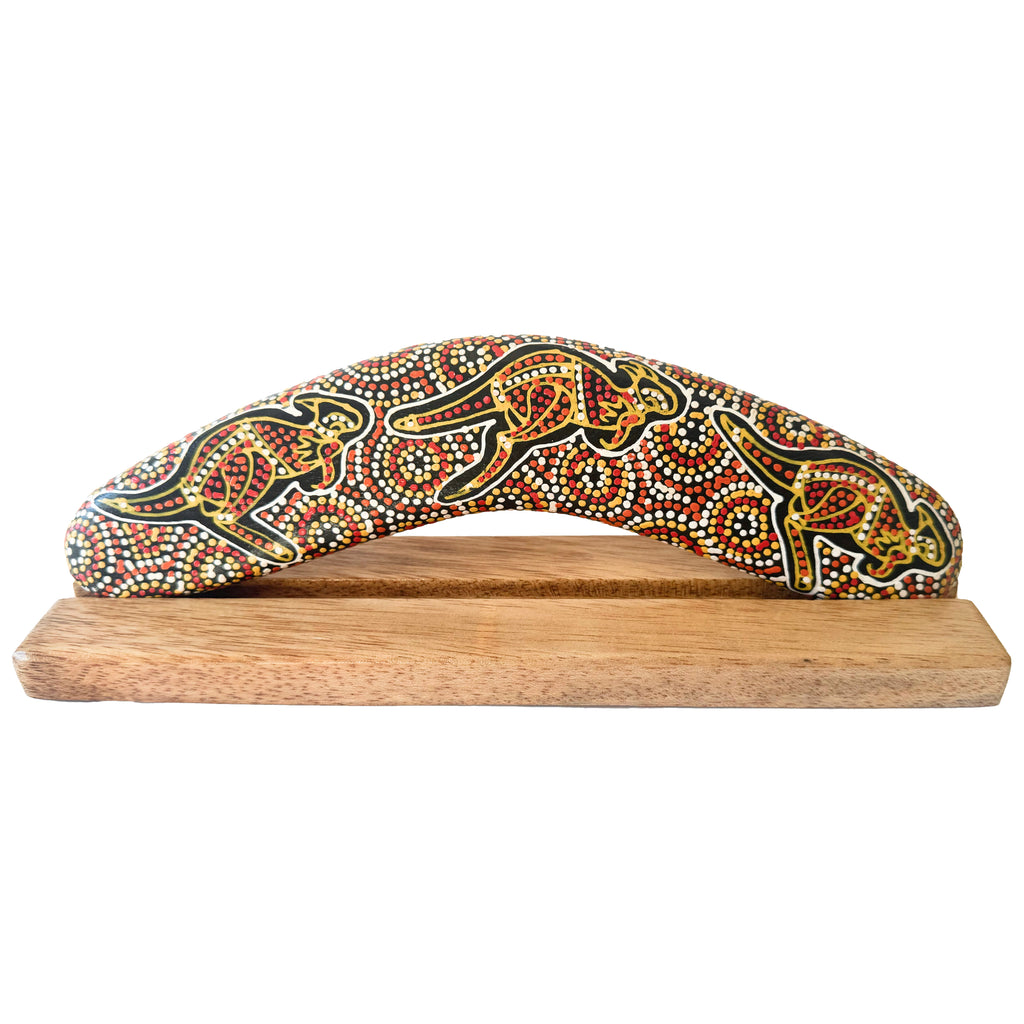 10" / 25cm BOOMERANG + STAND - HARDWOOD - ABORIGINAL ART - DESERT KANGAROO - AUSTRALIA, INDIGENOUS, SOUVENIR, GIFT