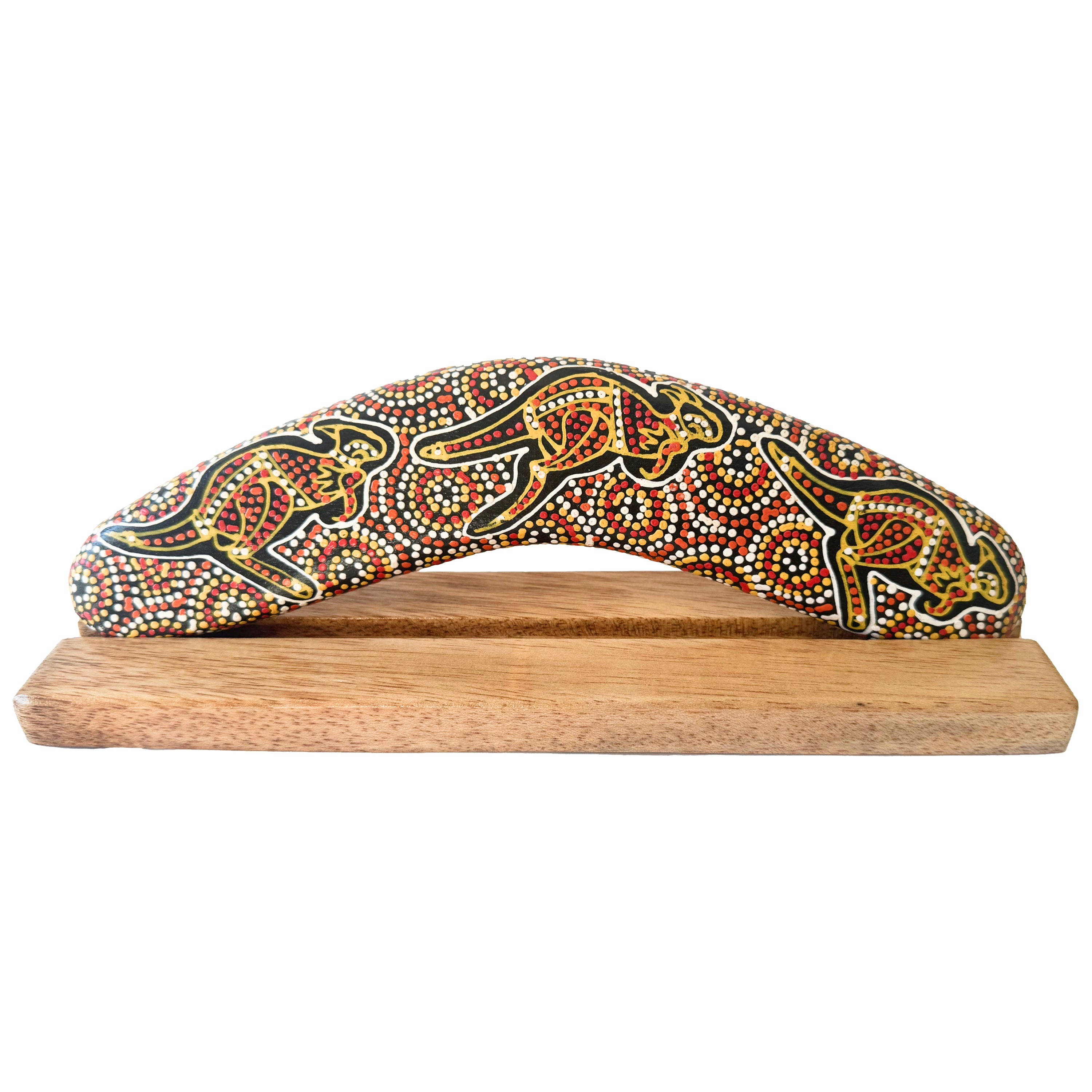 10" / 25cm BOOMERANG + STAND - HARDWOOD - ABORIGINAL ART - DESERT KANGAROO - AUSTRALIA, INDIGENOUS, SOUVENIR, GIFT