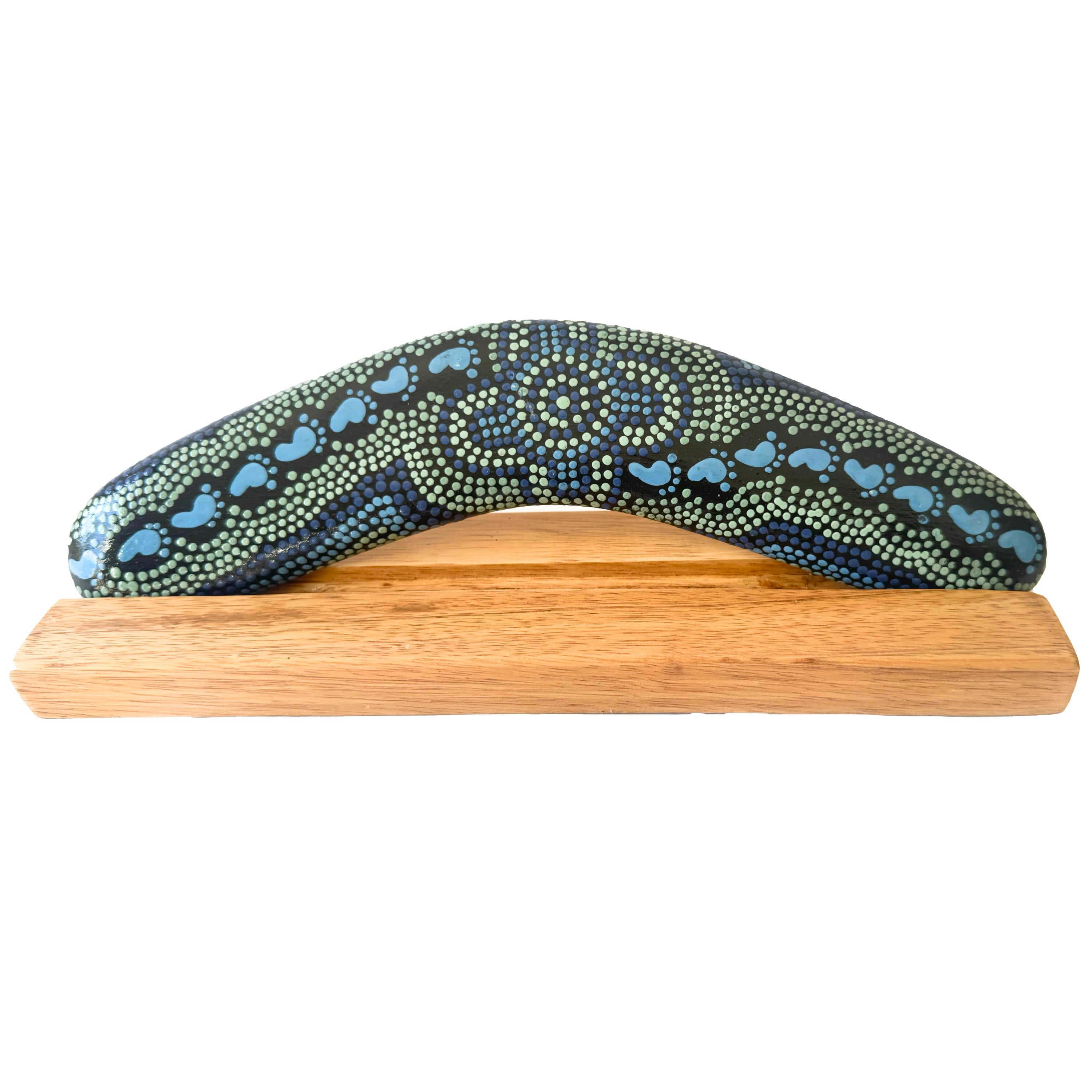10" / 25cm BOOMERANG + STAND -HARDWOOD - ABORIGINAL ART - ON WALKABOUT BLUE - AUSTRALIA, INDIGENOUS, SOUVENIR, GIFT
