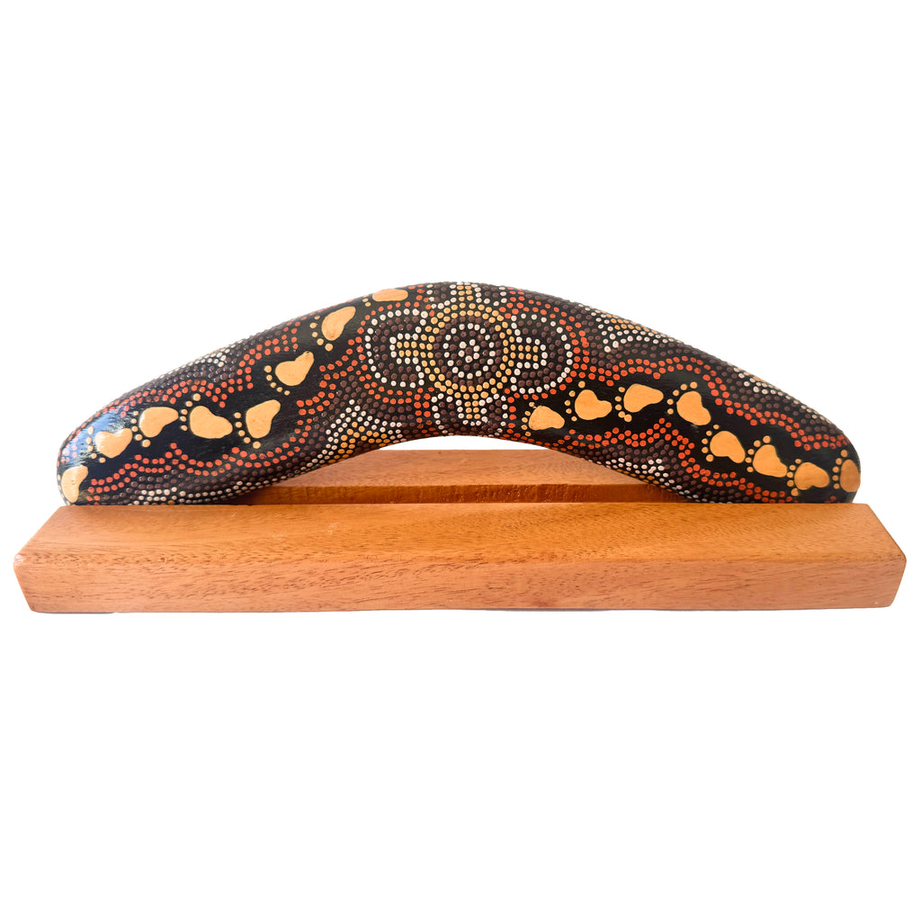 10" / 25cm BOOMERANG + STAND -HARDWOOD - ABORIGINAL ART - ON WALKABOUT OCHRE - AUSTRALIA, INDIGENOUS, SOUVENIR, GIFT