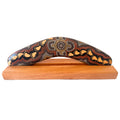 10" / 25cm BOOMERANG + STAND -HARDWOOD - ABORIGINAL ART - ON WALKABOUT OCHRE - AUSTRALIA, INDIGENOUS, SOUVENIR, GIFT