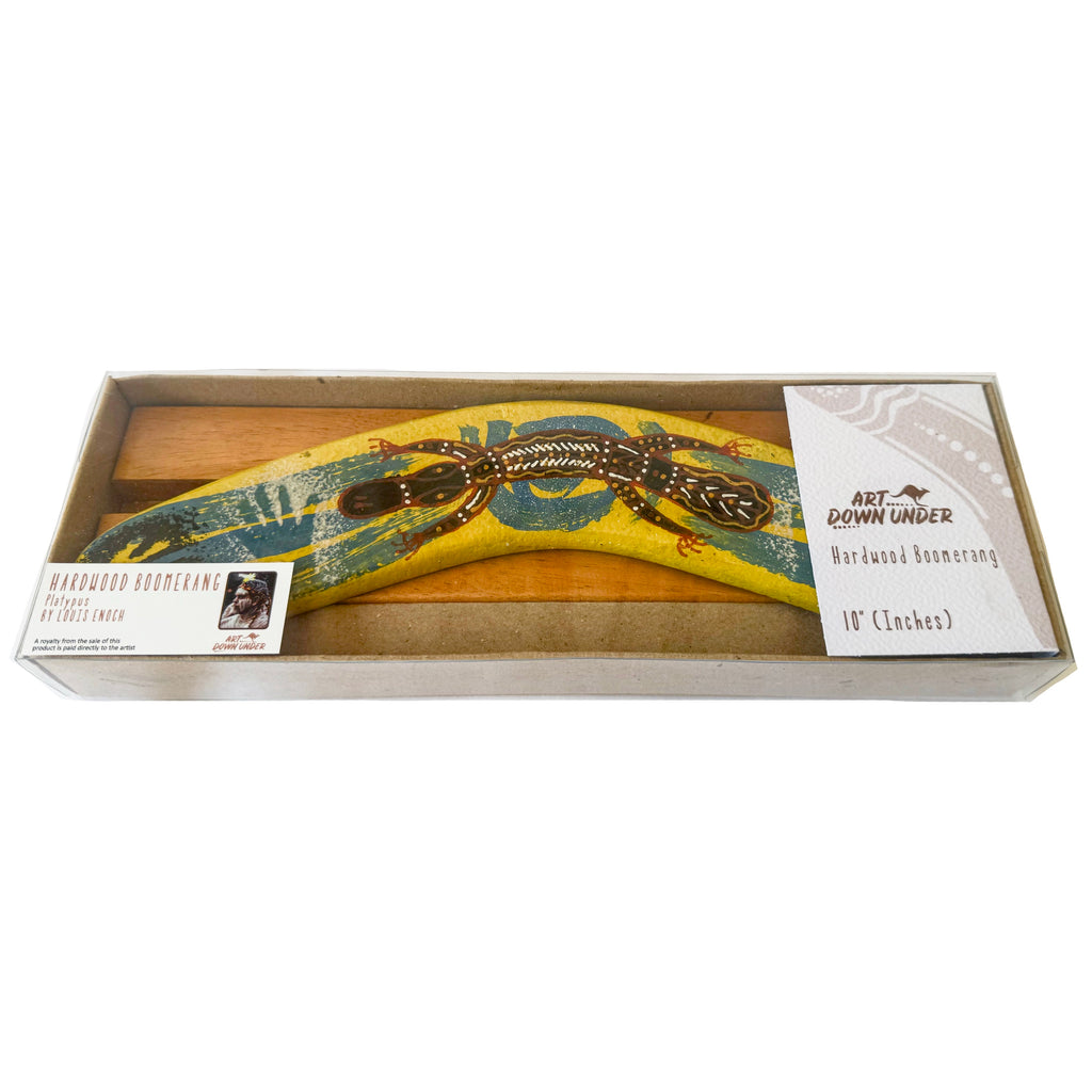 10" / 25cm BOOMERANG + STAND - HARDWOOD - ABORIGINAL ART - PLATYPUS, YELLOW - AUSTRALIA, INDIGENOUS, SOUVENIR, GIFT