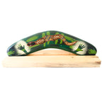 10" / 25cm BOOMERANG + STAND - HARDWOOD - ABORIGINAL ART - SNAKE, GREEN - AUSTRALIA, INDIGENOUS, SOUVENIR, GIFT