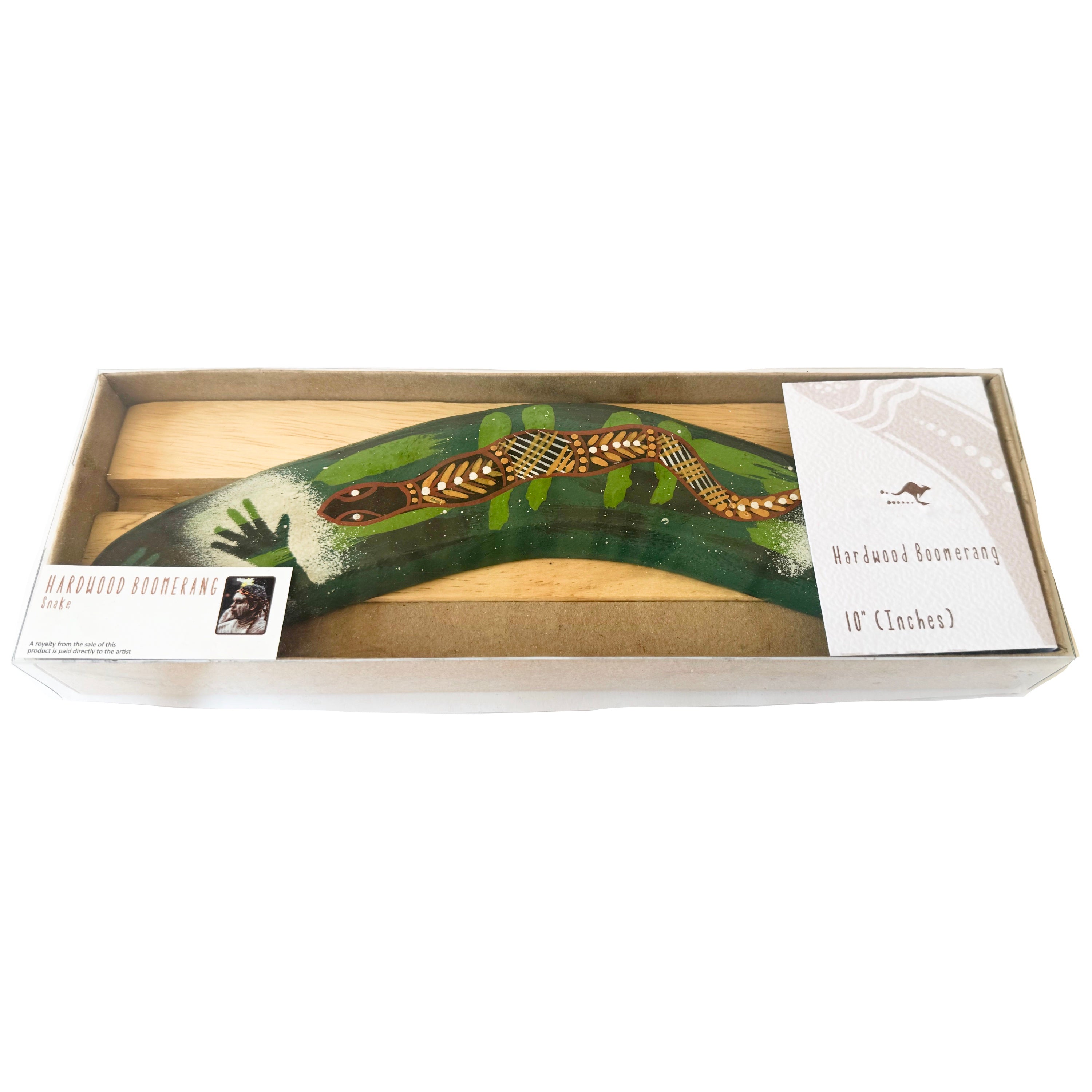 10" / 25cm BOOMERANG + STAND - HARDWOOD - ABORIGINAL ART - SNAKE, GREEN - AUSTRALIA, INDIGENOUS, SOUVENIR, GIFT