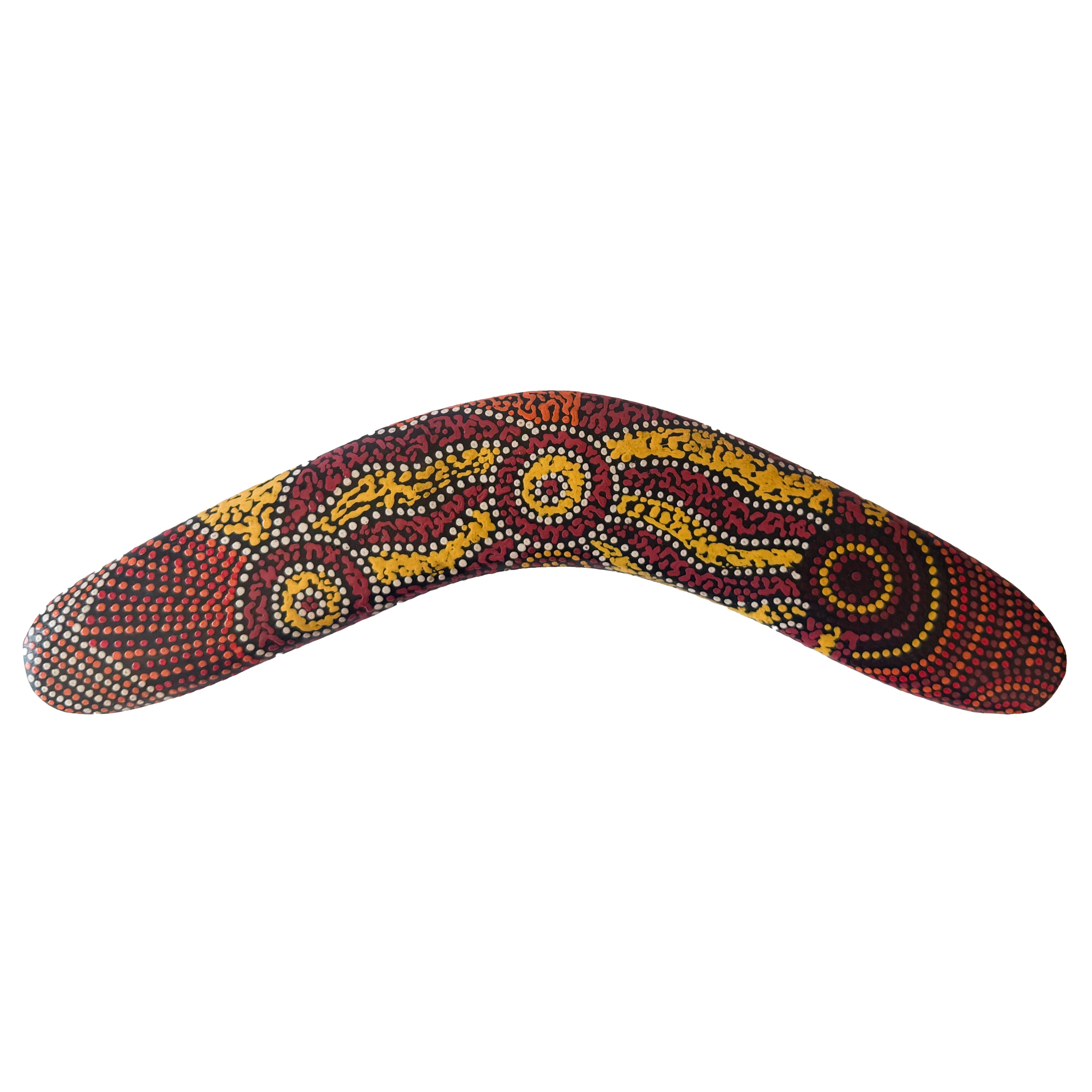 12" / 30cm BOOMERANG - HARDWOOD - ABORIGINAL ART - ALISON MUNTI RILEY, YELLOW, RED - AUSTRALIA, INDIGENOUS, SOUVENIR, GIFT