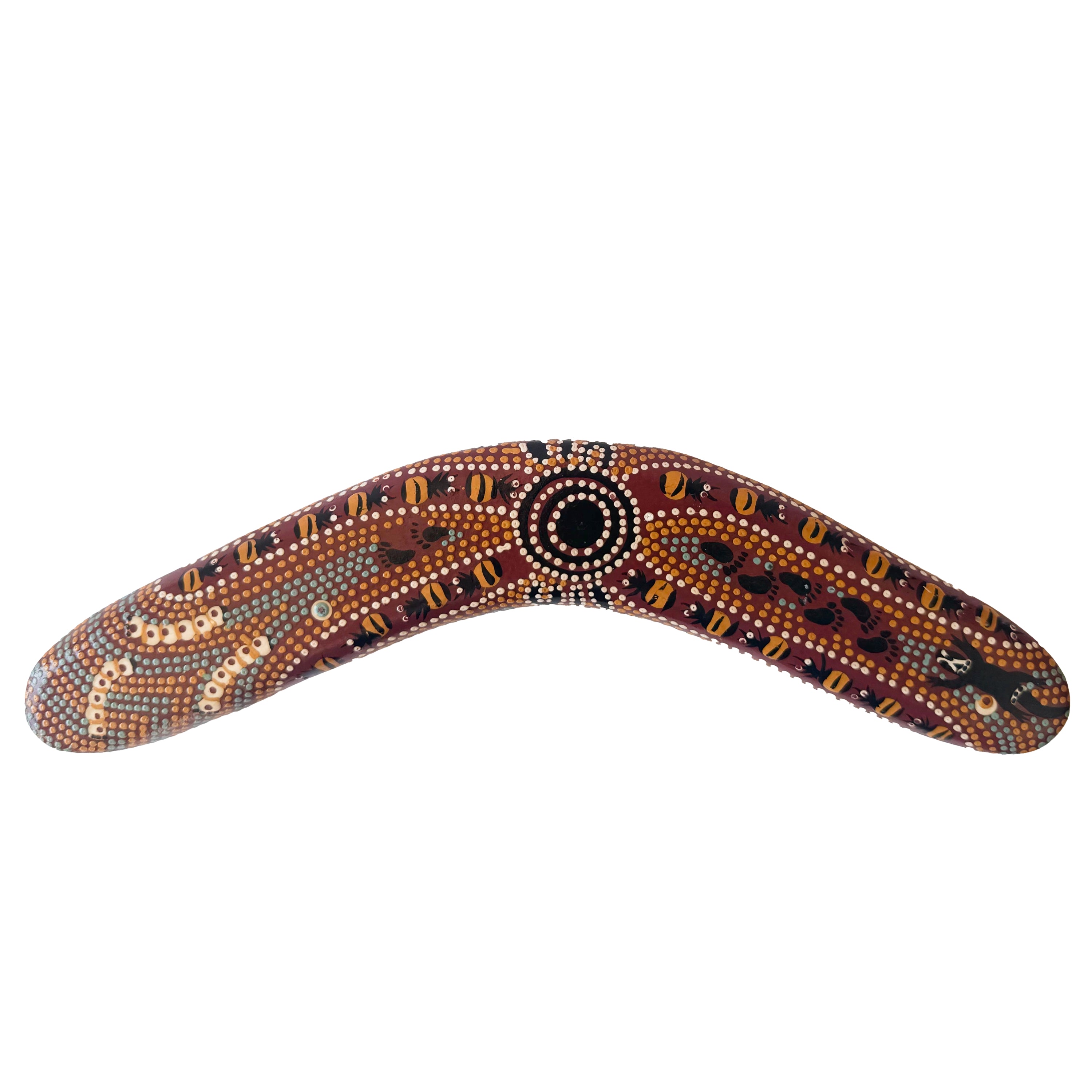 12" / 30cm BOOMERANG - HARDWOOD - ABORIGINAL ART - BUSH TUCKER TAN - AUSTRALIA, INDIGENOUS, SOUVENIR, GIFT