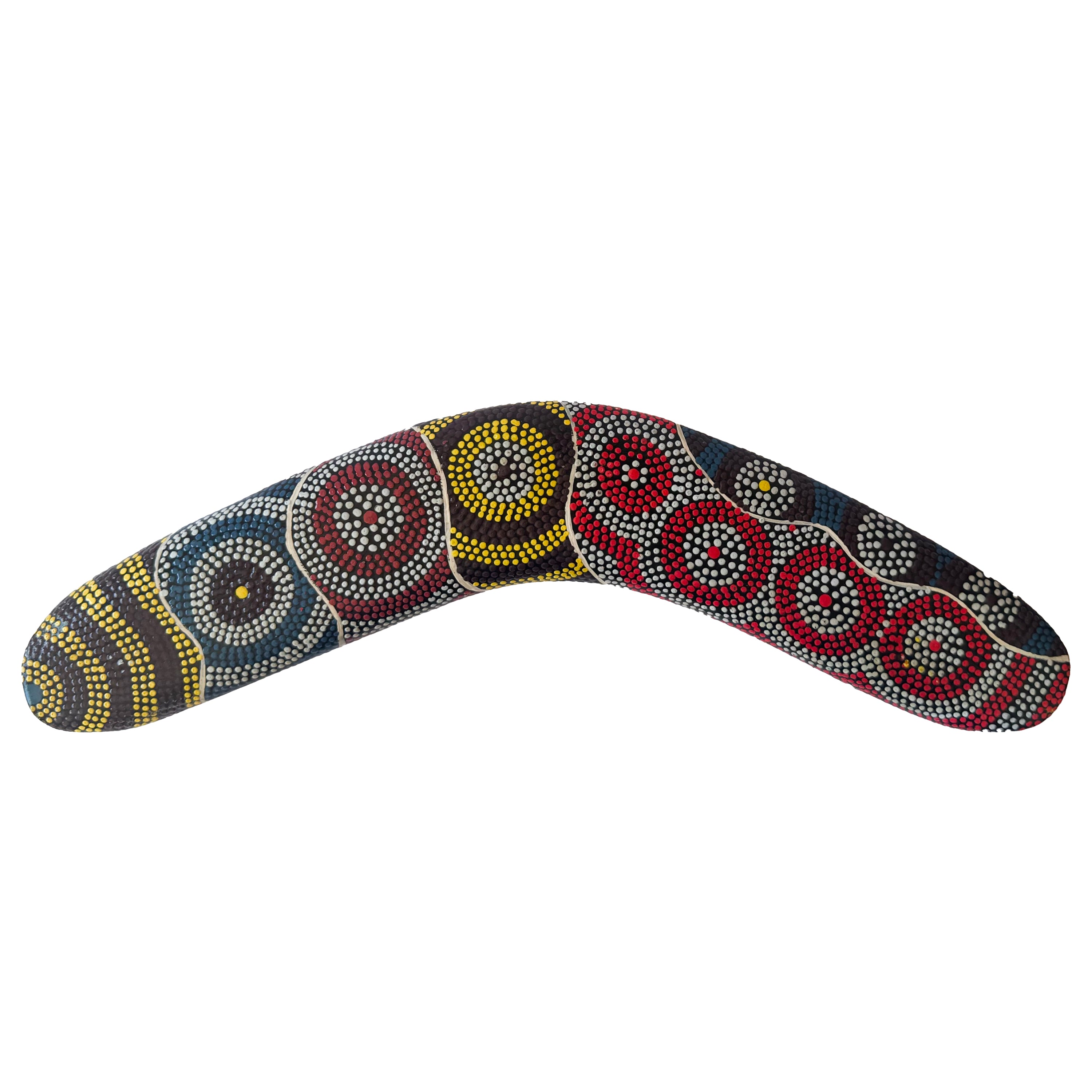 12" / 30cm BOOMERANG - HARDWOOD - ABORIGINAL ART - CINDY WALLACE, CIRCLES - AUSTRALIA, INDIGENOUS, SOUVENIR, GIFT