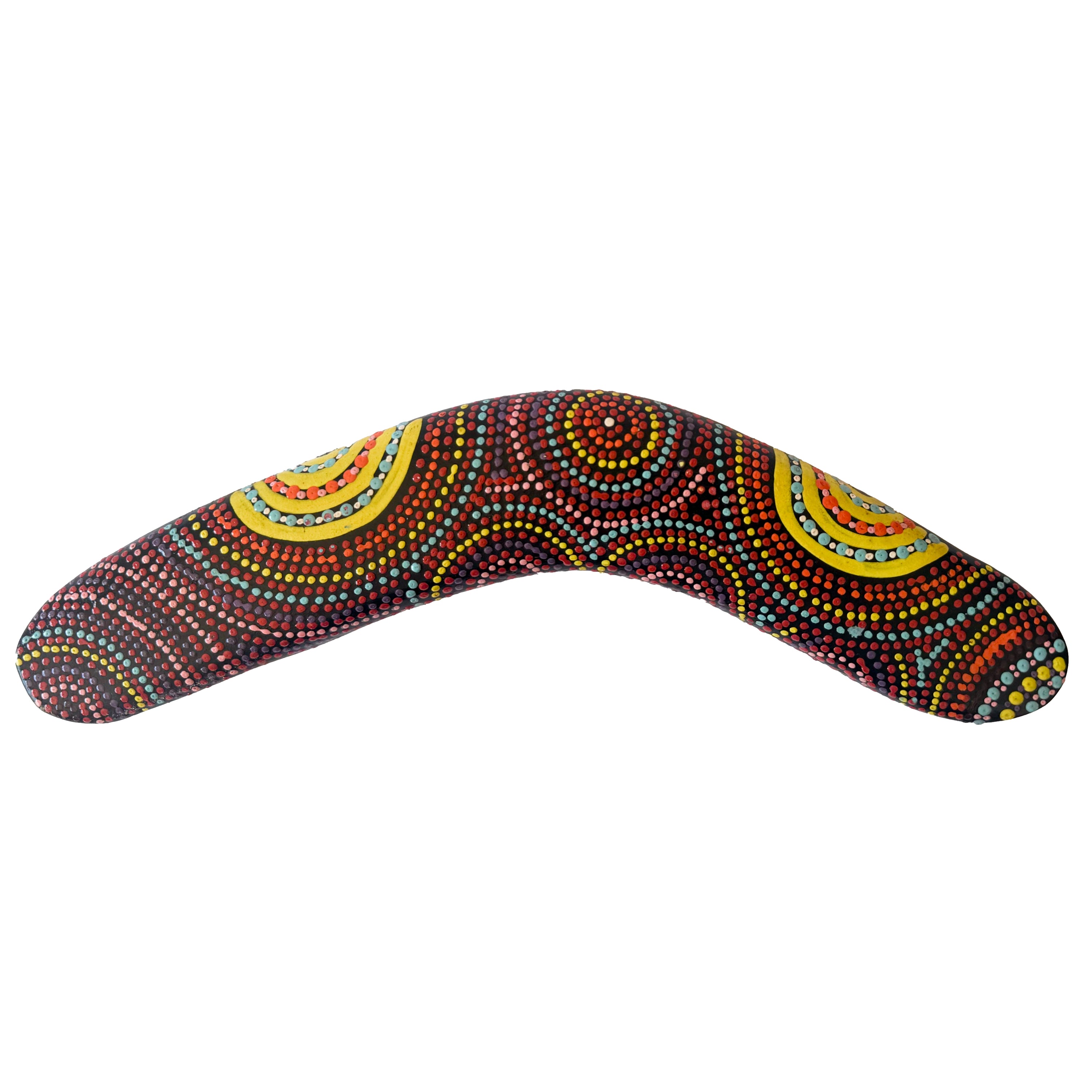 12" / 30cm BOOMERANG - HARDWOOD - ABORIGINAL ART - CINDY WALLACE, YELLOW, PURPLE - AUSTRALIA, INDIGENOUS, SOUVENIR, GIFT
