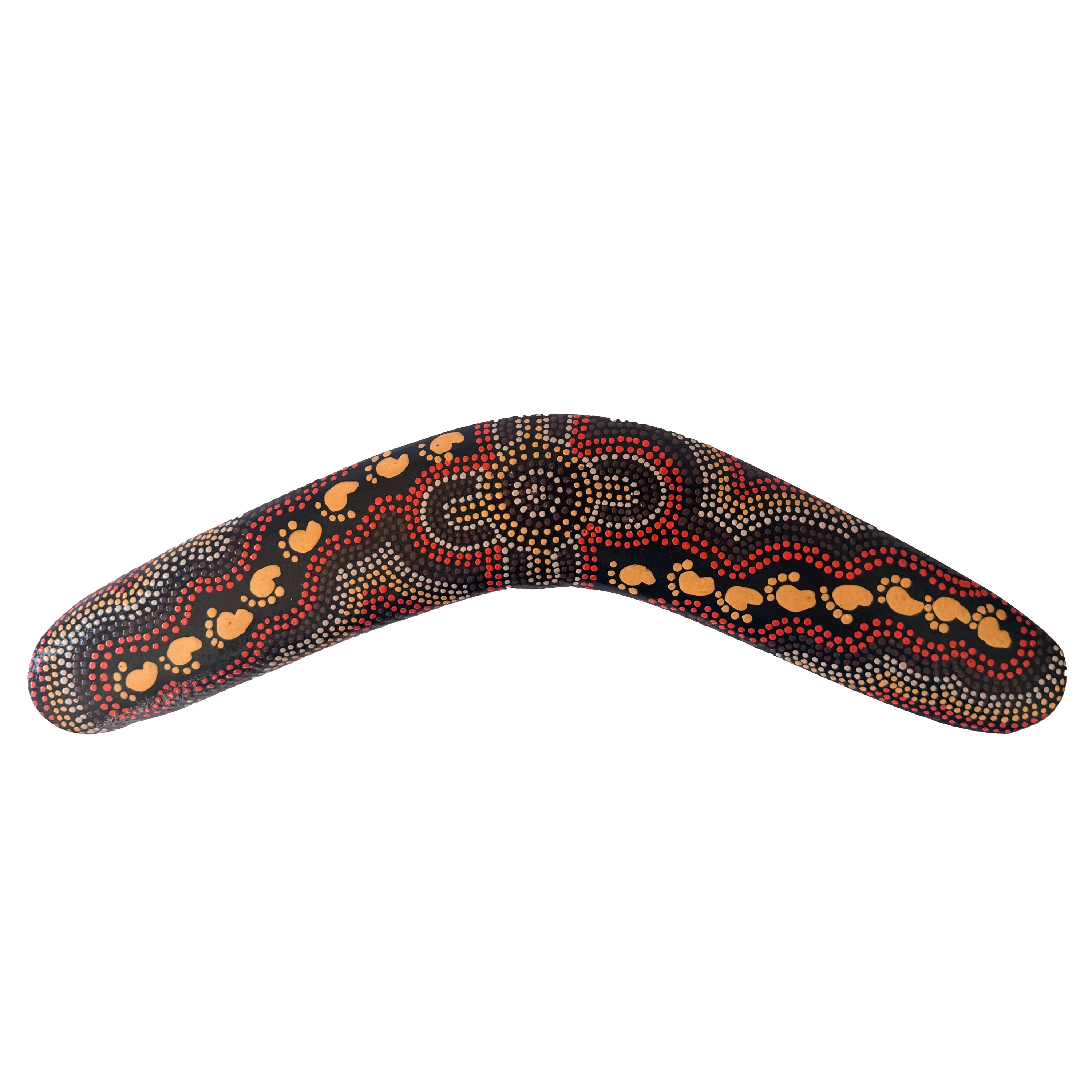 12" / 30cm BOOMERANG - HARDWOOD - ABORIGINAL ART - ON WALKABOUT OCHRE - AUSTRALIA, INDIGENOUS, SOUVENIR, GIFT