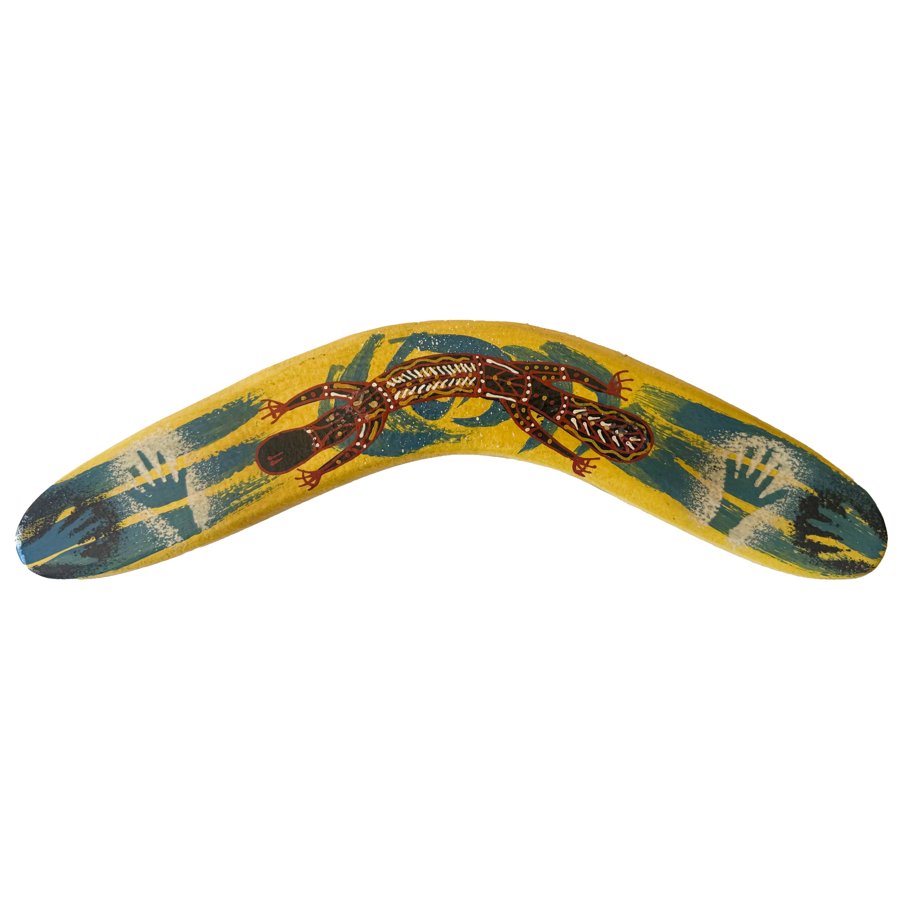 12" / 30cm BOOMERANG - HARDWOOD - ABORIGINAL ART - PLATYPUS, YELLOW - AUSTRALIA, INDIGENOUS, SOUVENIR, GIFT