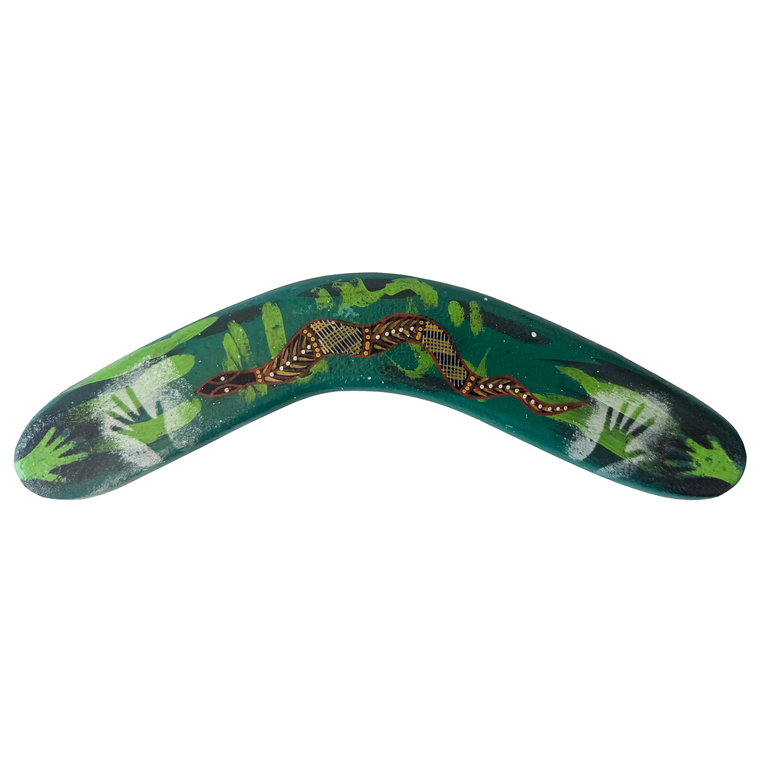 12" / 30cm BOOMERANG - HARDWOOD - ABORIGINAL ART - SNAKE, GREEN - AUSTRALIA, INDIGENOUS, SOUVENIR, GIFT