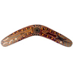 14" / 35cm BOOMERANG + STAND - HARDWOOD - ABORIGINAL ART - BUSH TUCKER TAN - AUSTRALIA, INDIGENOUS, SOUVENIR, GIFT