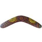 14" / 35cm BOOMERANG + STAND - HARDWOOD - ABORIGINAL ART - CINDY WALLACE, PURPLE, YELLOW - AUSTRALIA, INDIGENOUS, SOUVENIR, GIFT