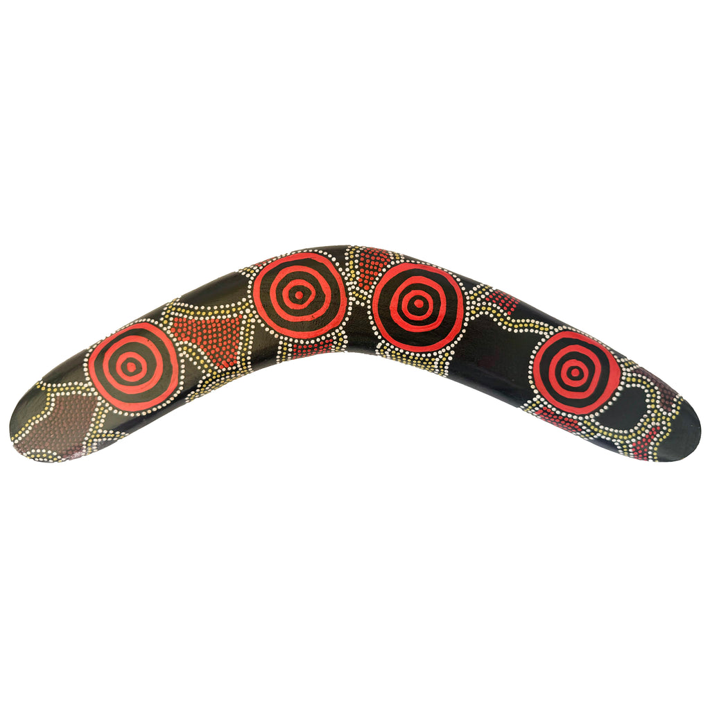 14" / 35cm BOOMERANG + STAND - HARDWOOD - ABORIGINAL ART - DESERT CAMPS - AUSTRALIA, INDIGENOUS, SOUVENIR, GIFT