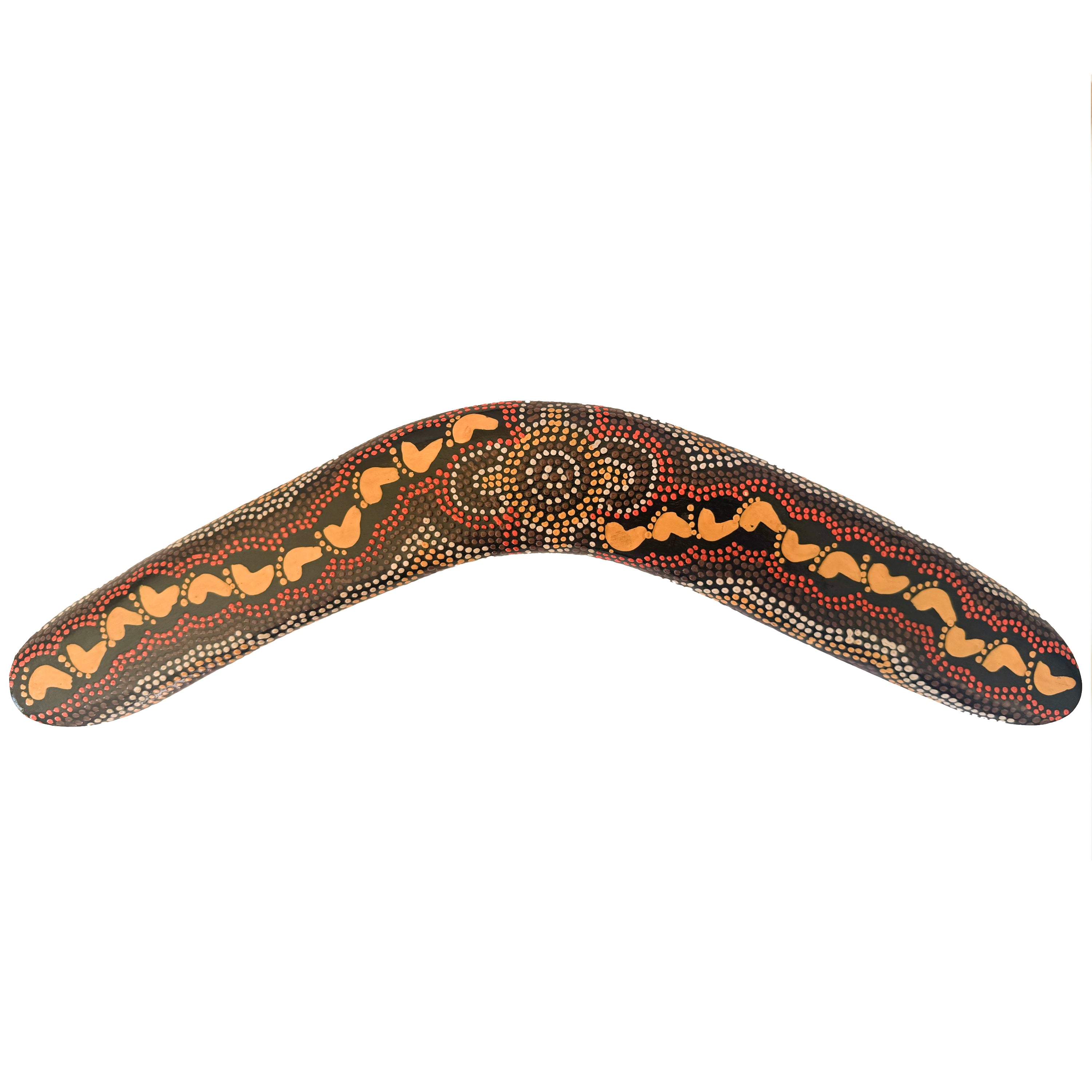 14" / 35cm BOOMERANG + STAND - HARDWOOD - ABORIGINAL ART - ON WALKABOUT OCHRE - AUSTRALIA, INDIGENOUS, SOUVENIR, GIFT
