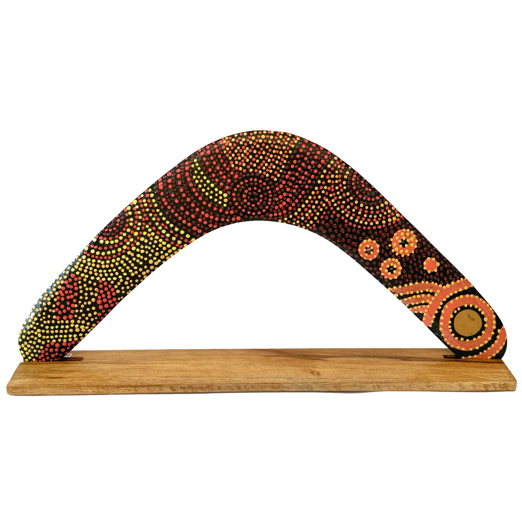 14" / 35cm RETURNING BOOMERANG + STAND - ABORIGINAL ART - ALISON MUNTI RILEY, ORANGE - AUSTRALIA, INDIGENOUS, SOUVENIR, GIFT
