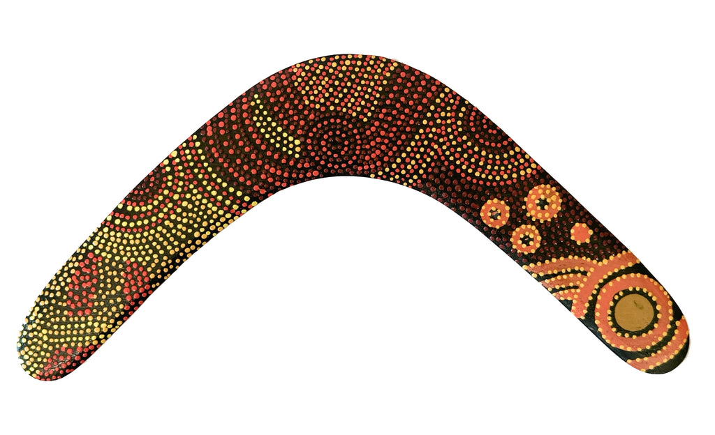 14" / 35cm RETURNING BOOMERANG + STAND - ABORIGINAL ART - ALISON MUNTI RILEY, ORANGE - AUSTRALIA, INDIGENOUS, SOUVENIR, GIFT