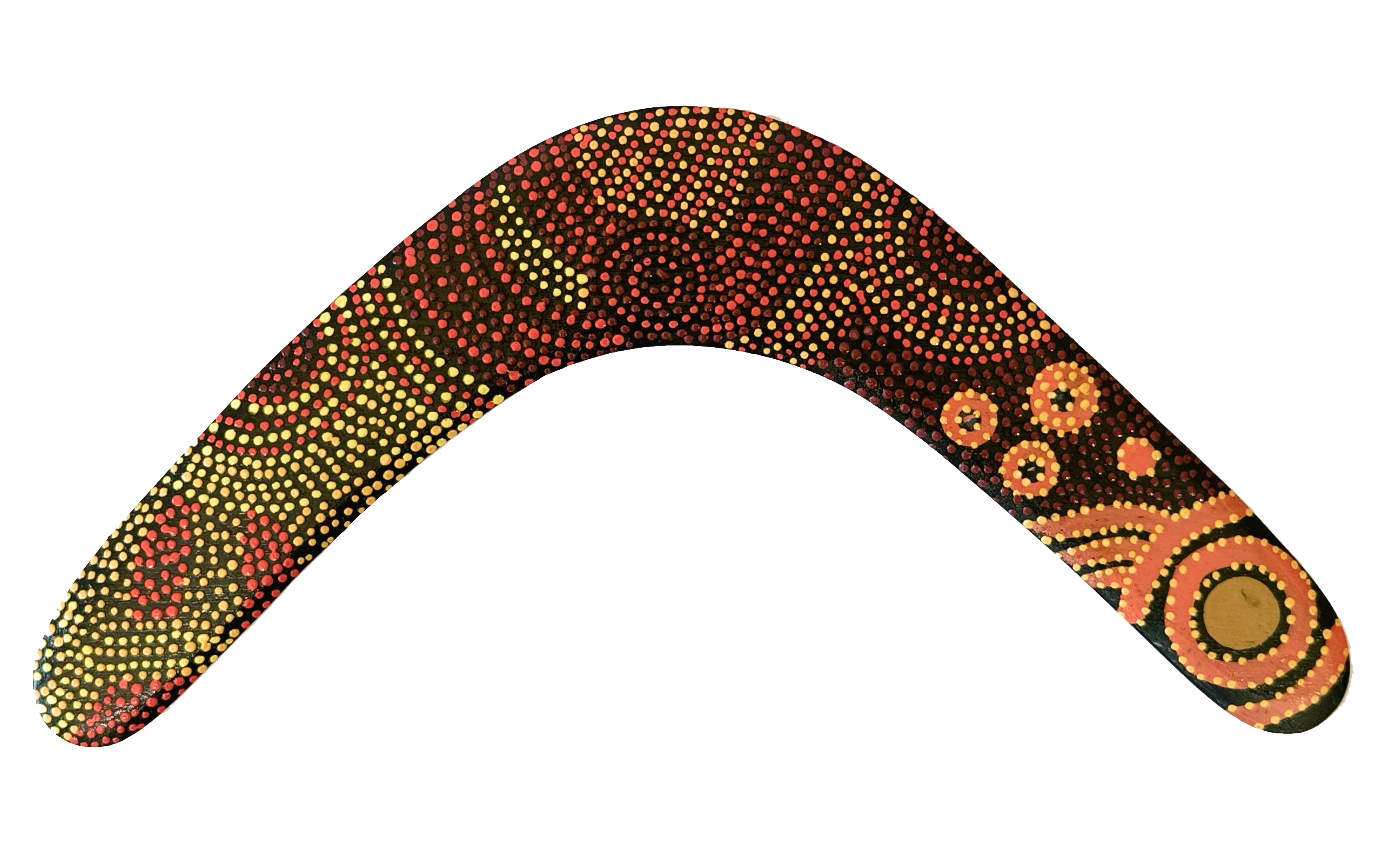 14" / 35cm RETURNING BOOMERANG + STAND - ABORIGINAL ART - ALISON MUNTI RILEY, ORANGE - AUSTRALIA, INDIGENOUS, SOUVENIR, GIFT