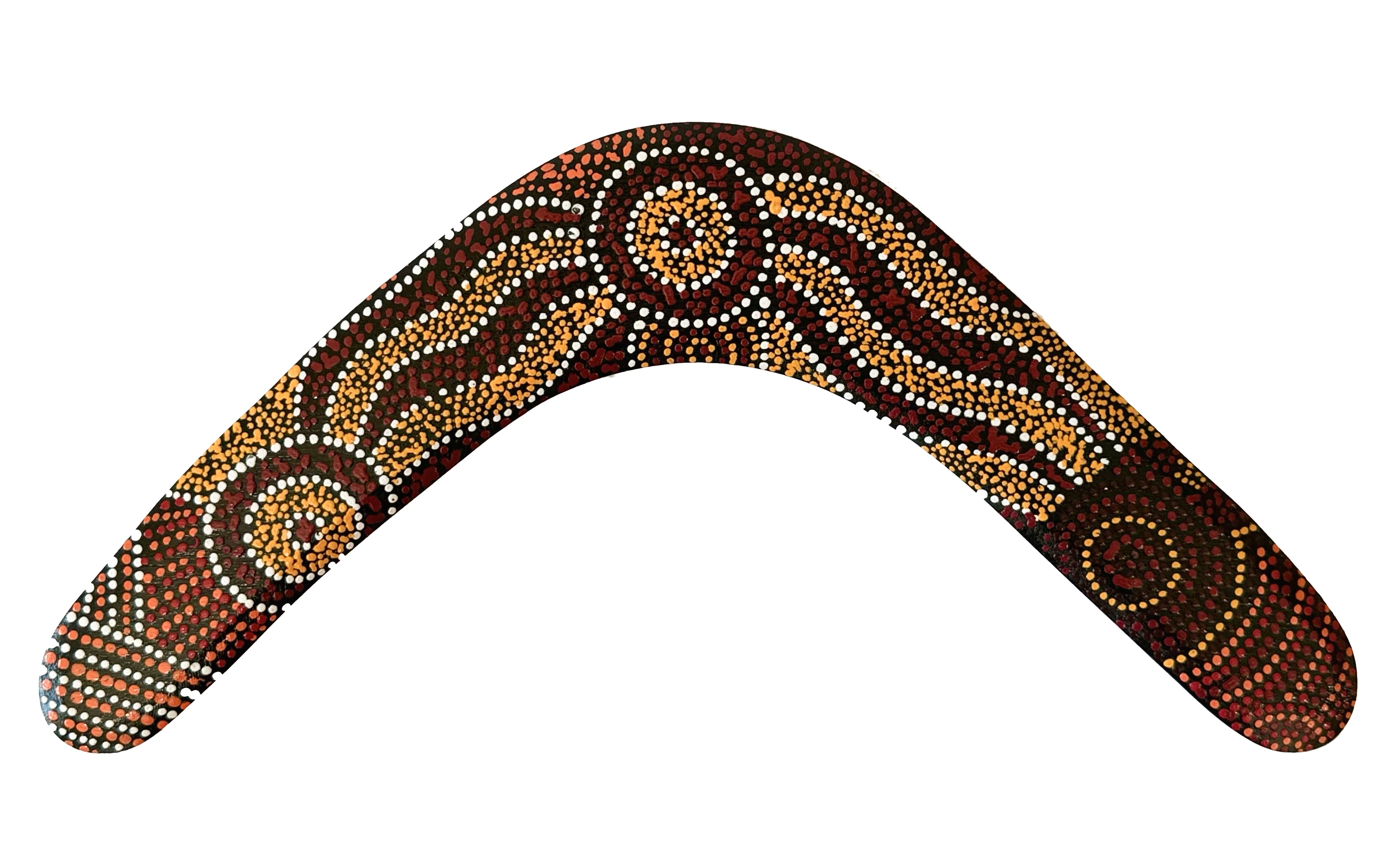 14" / 35cm RETURNING BOOMERANG + STAND - ABORIGINAL ART - ALISON MUNTI RILEY, YELLOW RED - AUSTRALIA, INDIGENOUS, SOUVENIR, GIFT
