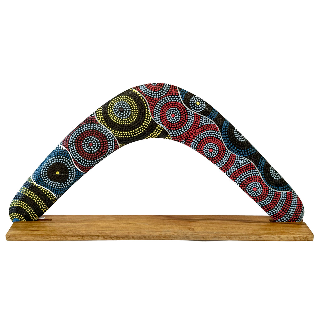 14" / 35cm RETURNING BOOMERANG + STAND - ABORIGINAL ART - CINDY WALLACE, CIRCLES - AUSTRALIA, INDIGENOUS, SOUVENIR, GIFT