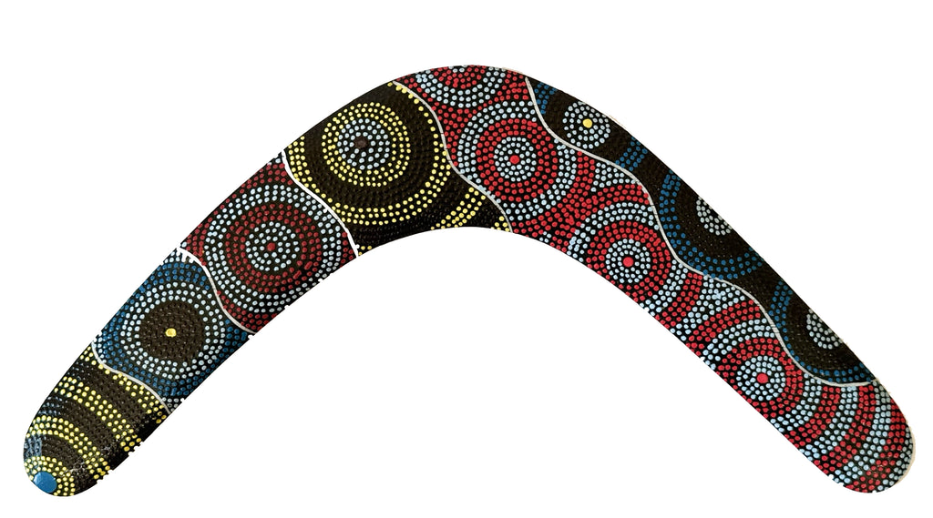 14" / 35cm RETURNING BOOMERANG + STAND - ABORIGINAL ART - CINDY WALLACE, CIRCLES - AUSTRALIA, INDIGENOUS, SOUVENIR, GIFT