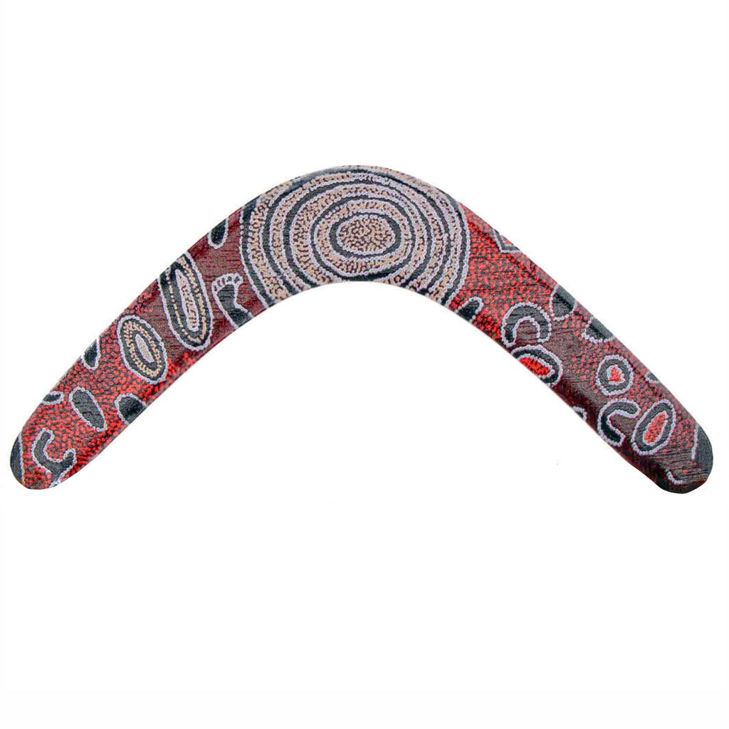 14" / 35cm RETURNING BOOMERANG + STAND - ABORIGINAL ART - MADE IN AUSTRALIA - SAMANTHA NAPANGARTI - INDIGENOUS, SOUVENIR, GIFT